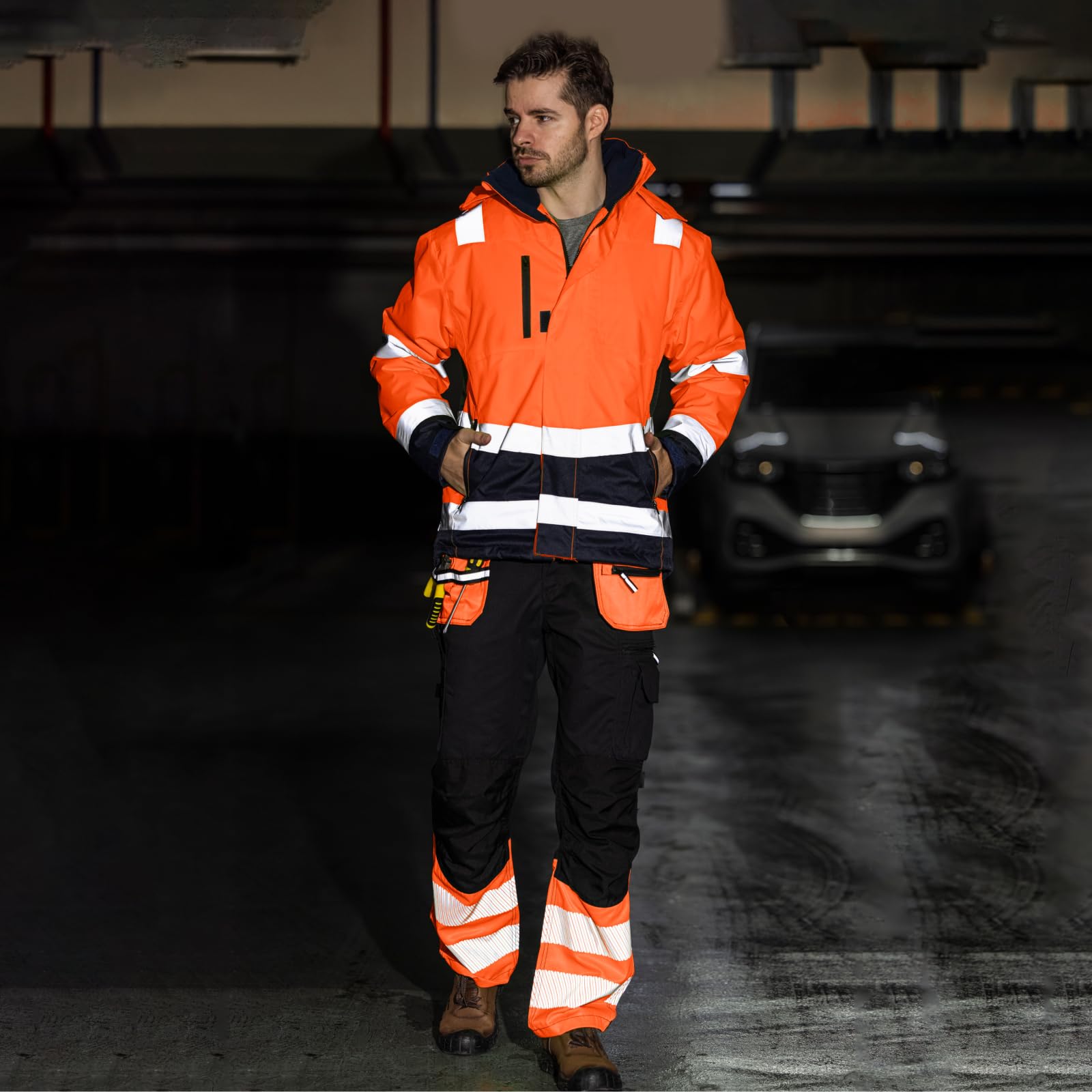 WORK IDEA Versátil chaqueta de trabajo 3 en 1 con reflectores. Impermeable, resistente al viento, transpirable. Ropa de trabajo de invierno ideal y chaqueta de seguridad para todas las estaciones