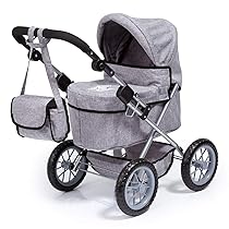 Bayer Design 13010AA Carrozzina per Bambole, Passeggino per Bambole, Passeggino Giocattolo con borsa, regolabile in altezza, pieghevole, grigio con corona