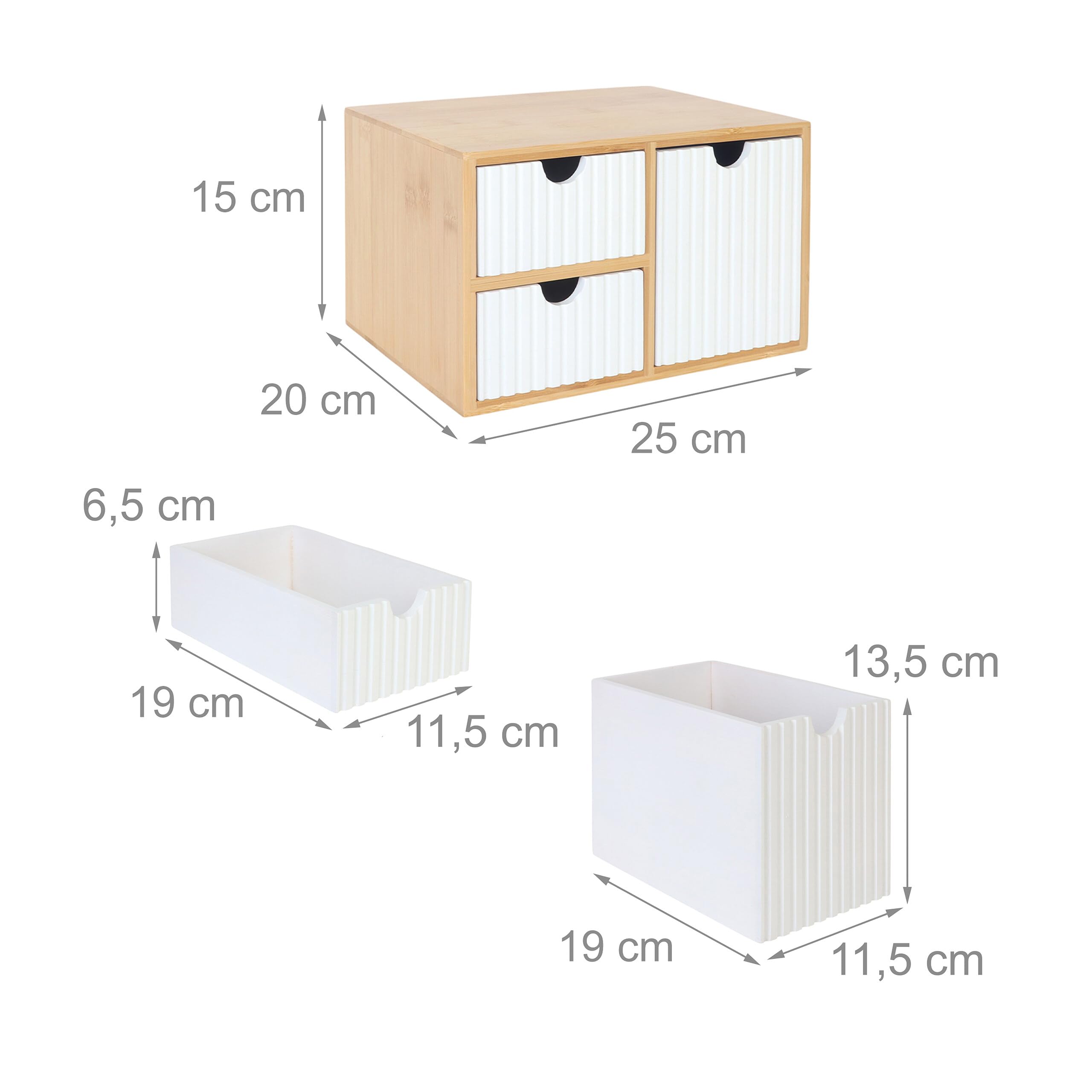 Caja organizadora Relaxdays de bambú/MDF, 3 cajones estriados, 15x25x20 cm, Organizador de Escritorio, Blanco/Natural