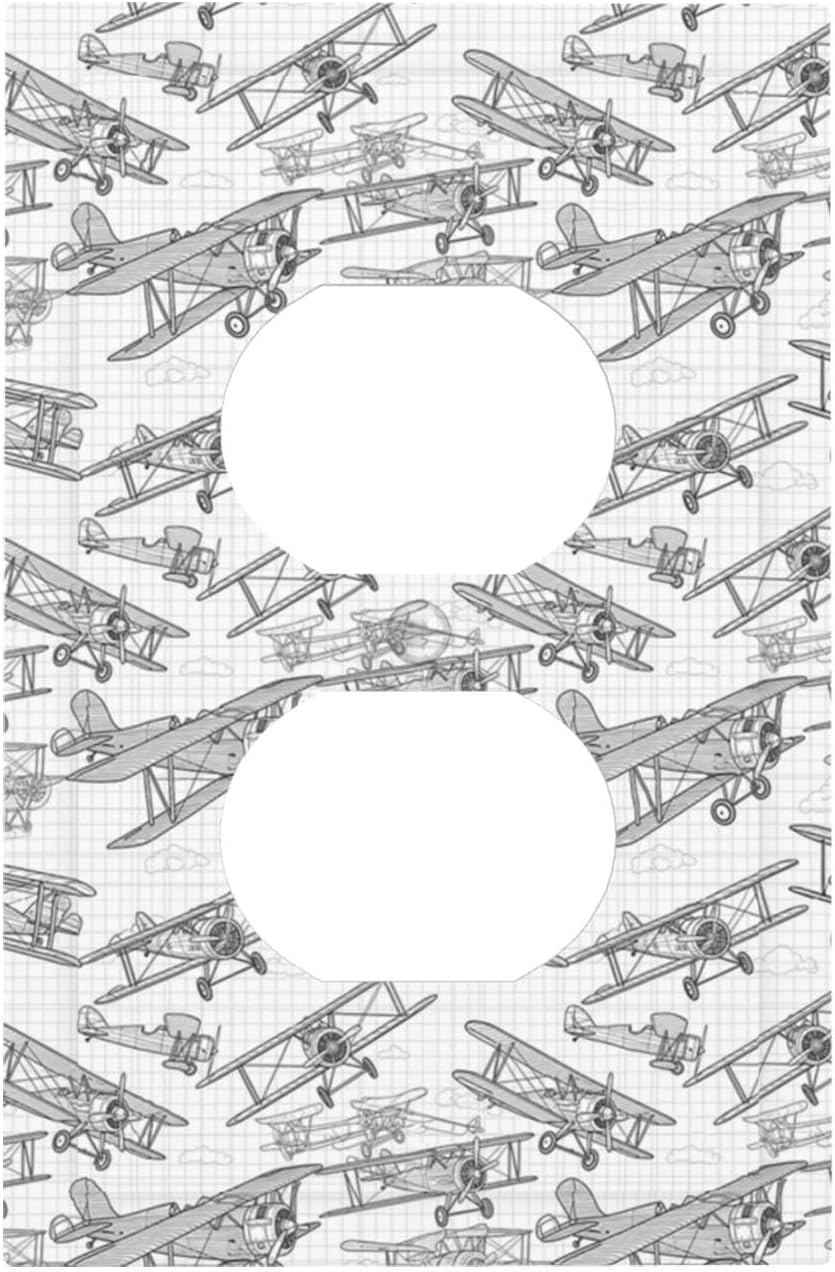 Vintage Biplane Duplex Wall Plate - 1-Gang Standard US Size Aviation Blueprint Grid Outlet Covers, Retro Pilot Dream for Boys Room