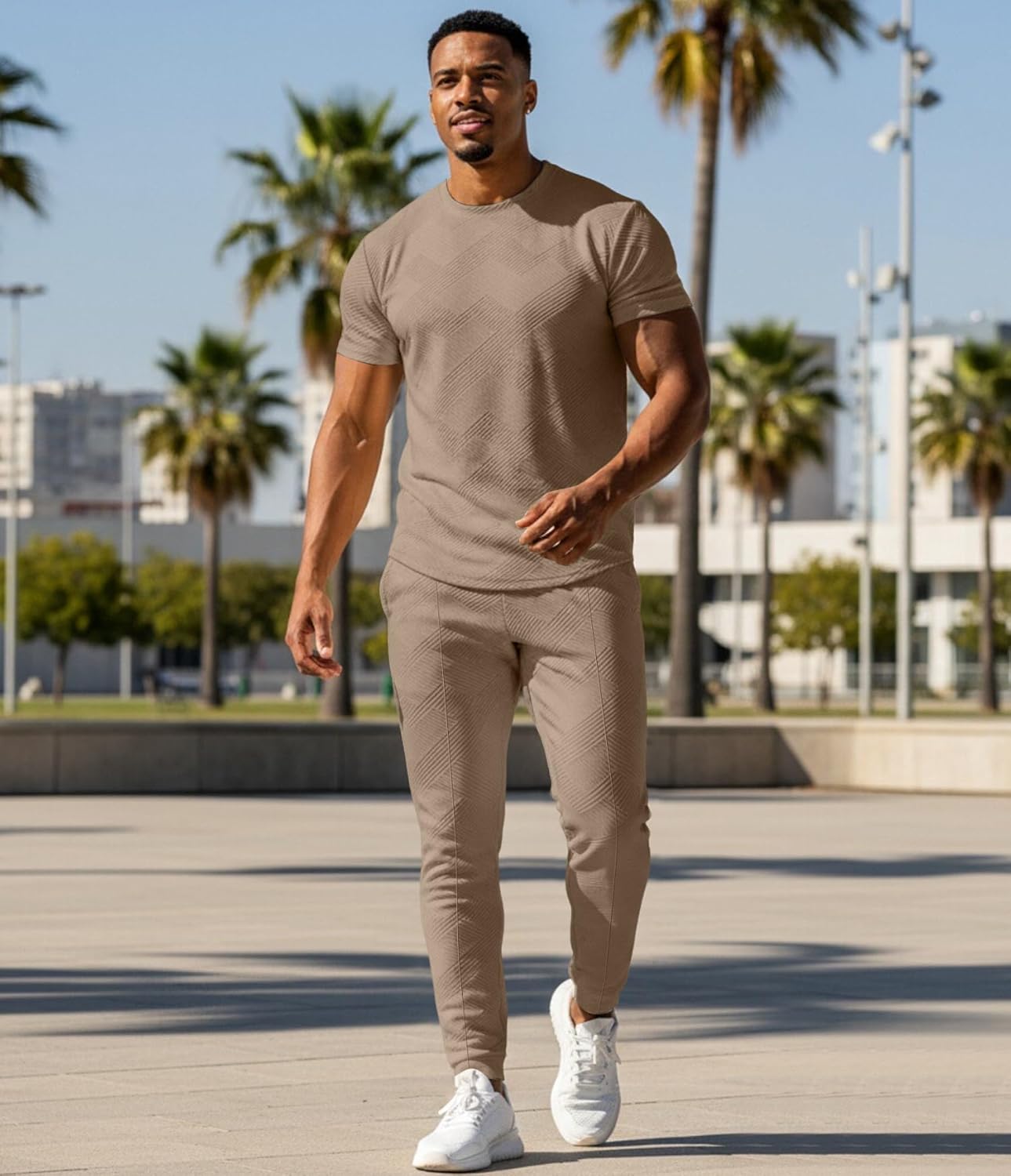 UOUA Mens 2 Piece Sweatsuit Set Short Sleeve Sweatshirt Jogging Sweatpants Tracksuits Outfits - Image 4