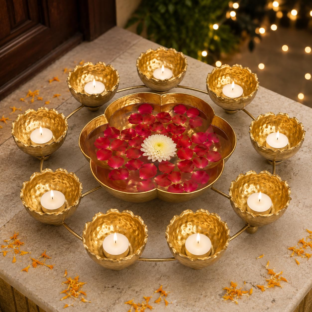 dreamkraft metal lotus urli with 9 tealight holders, gold, 12 inch | hammered finish, floral urli design, tealight candle stand, festive home decor, table centrepiece