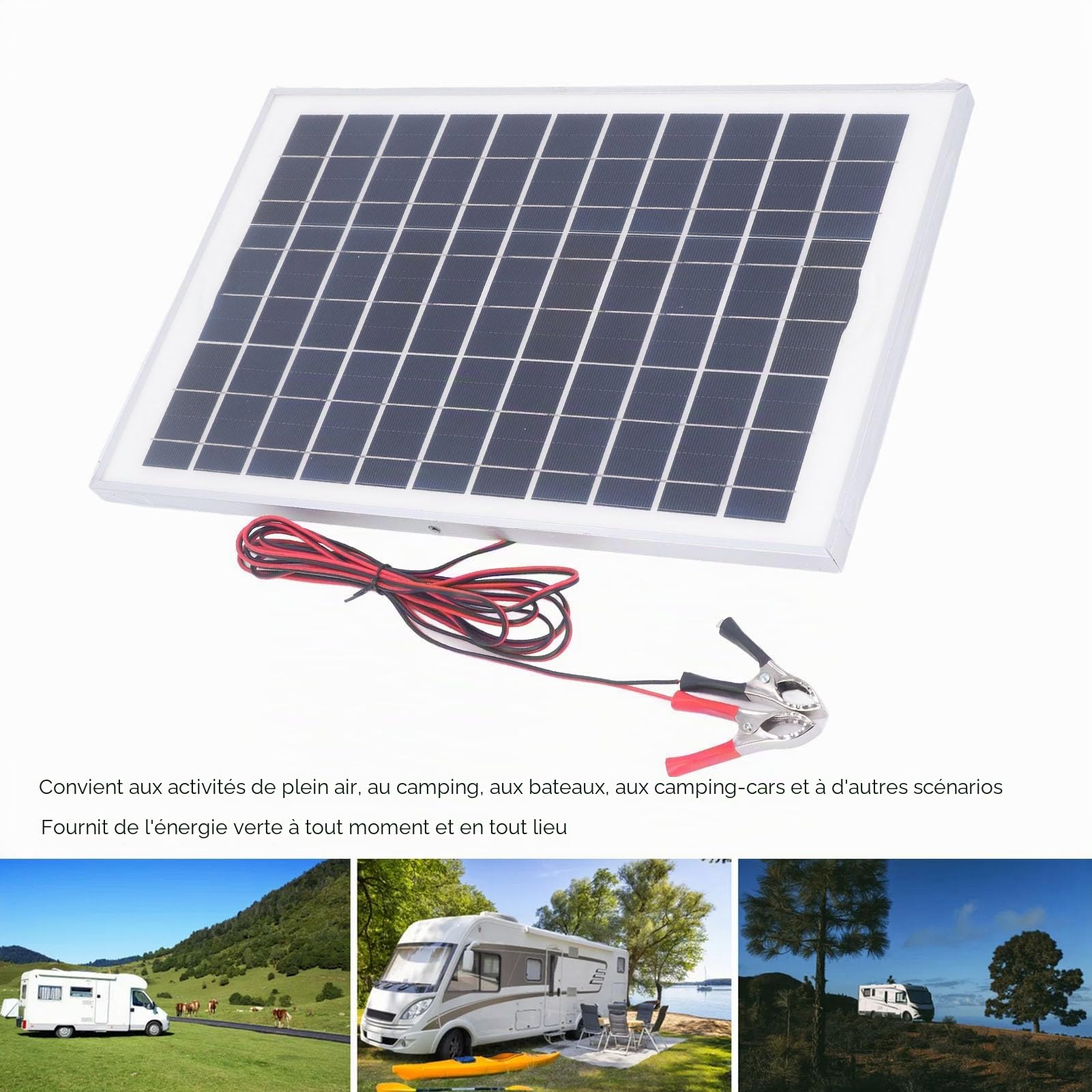 Kit de Panneau Solaire 50 W 18 V avec Contrôleur de étanche MPPT, Pince de Batterie de 3 Mètres pour Camping-car, Bateau, Remorque, Camping-car – Système Complet de