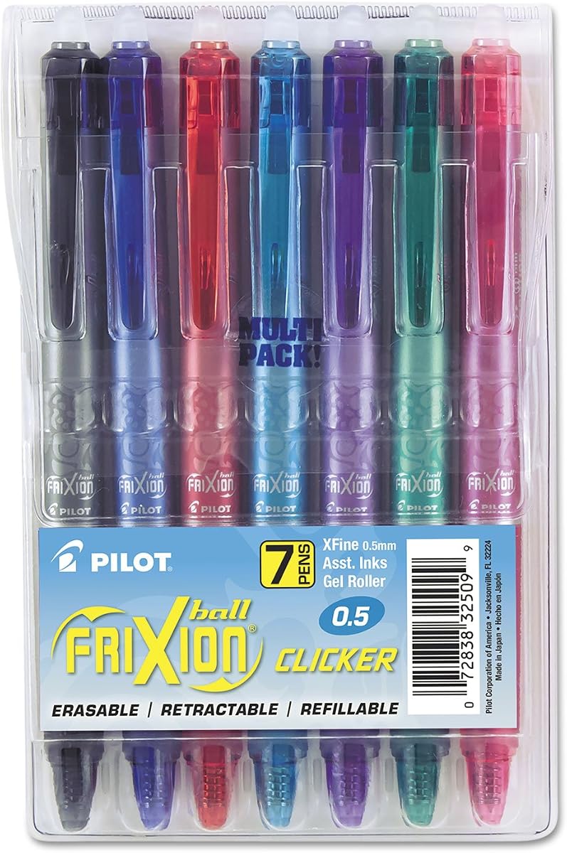 FriXion Clicker Erasable, Gel Ink Pens Extra Fine Point 0.5mm, 7-Pack