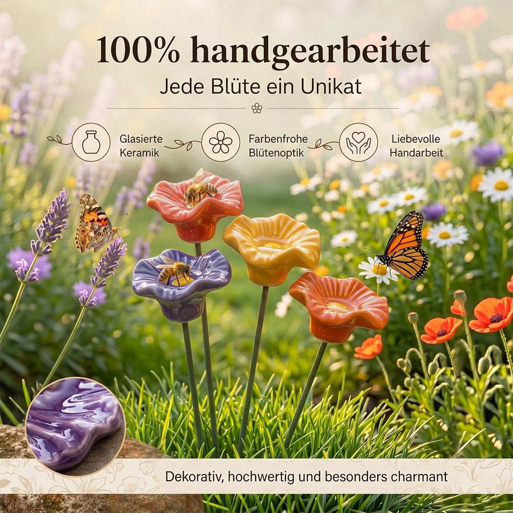 Keramikblüten für Bienen 4/8er-Set, Handgemachte Bienentränke Keramik, Wetterfest & Glasiert Bienentränke Blume, Insektentränke für Beet, Balkon, Terrasse, Fensterbank oder Blumentopf (4)