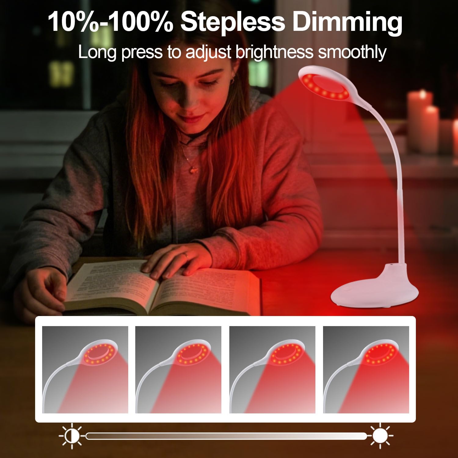 670 nm Rotlicht-Leselampe für Schlaf, kein blaues Licht, wiederaufladbar, dimmbar, tragbar, rotes LED-Licht, zum Lesen bei Nacht, Arbeiten und Basteln – ideales Geschenk für Buchliebhaber