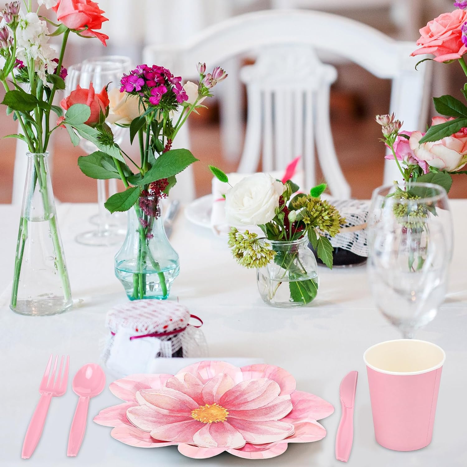 Sieral 144 Pcs Flower Party Supplies Include Disposable Flower Paper Plates Decorative Pink Floral Plates Napkins Cups and Cutlery for Bridal Baby Shower Wedding Birthday Summer Tableware Decoration