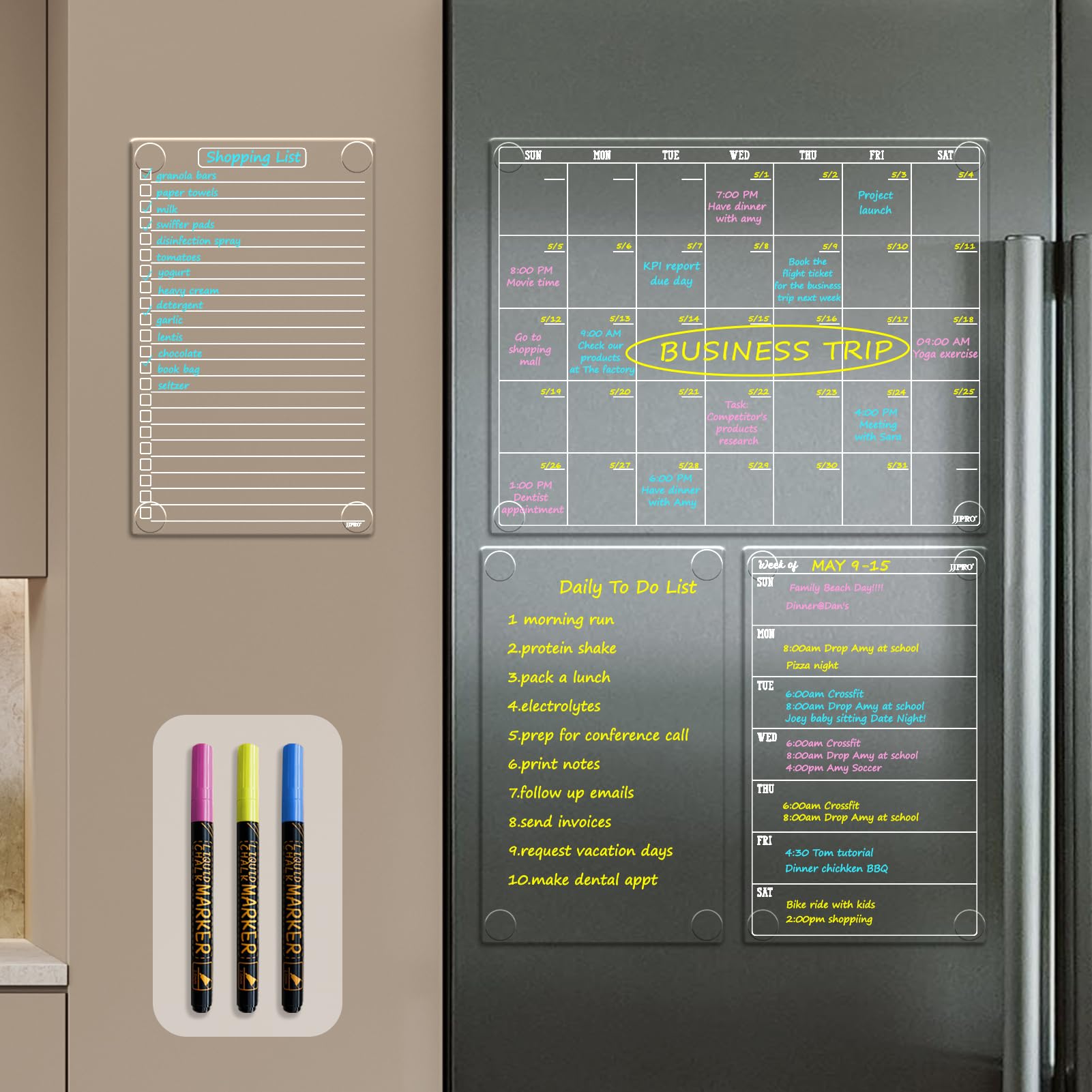 JJPRO Non-Magnetic Dry Erase Monthly Calendar for Fridge-Clear Monthly Calendar, Weekly Planner, List and Blank Board. Clear Reusable Calendar Stick
