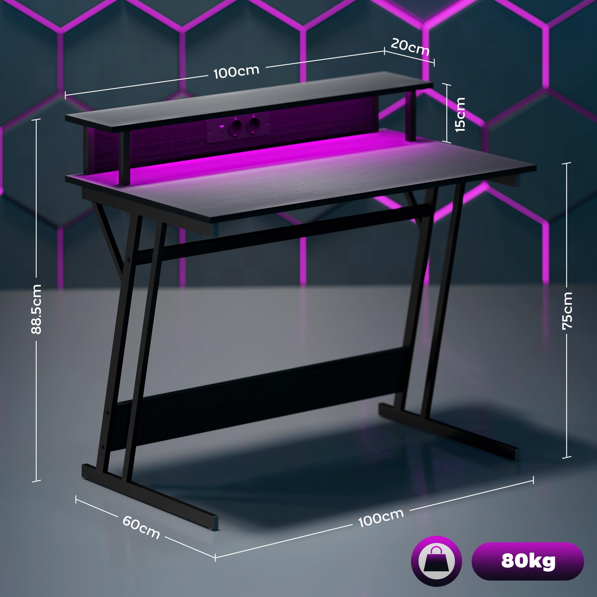 HOMCOM Scrivania Gaming con Luci LED e Supporto per Monitor, 100x60 cm Tavolo Gaming per Computer da 32 Pollici, Scrivania PC con USB, TYPE C e Telecomando per Ufficio, Studio e Casa, Nero