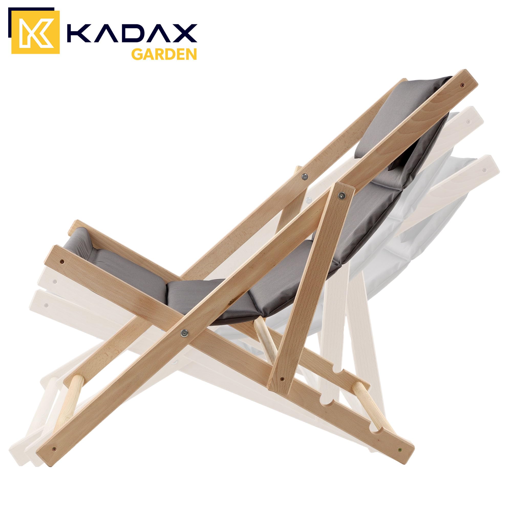 KADAX Liegestuhl, Strandstuhl aus Holz, Sonnenliege bis 120kg, Liege aus Buchenholz, Holzklappstühle, Strandliege, Klappliege für Strand, Holz-Liegestuhl (Mit Kopfstütze, Grau)