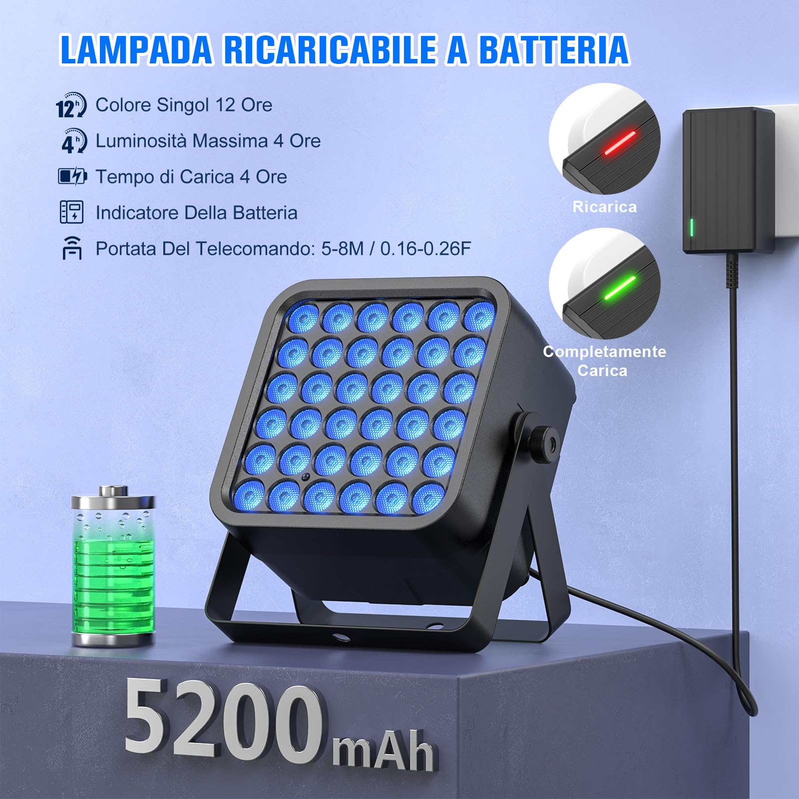Faretto Par a Batteria da 36 LED, 54 W 6 in 1 RGBWA+UV Faretto per Feste in Discoteca con Batteria da 5200 mAh, Telecomando Automatico 8/10CH, Ricaricabile Adatto per Palco Feste Compleanni Club