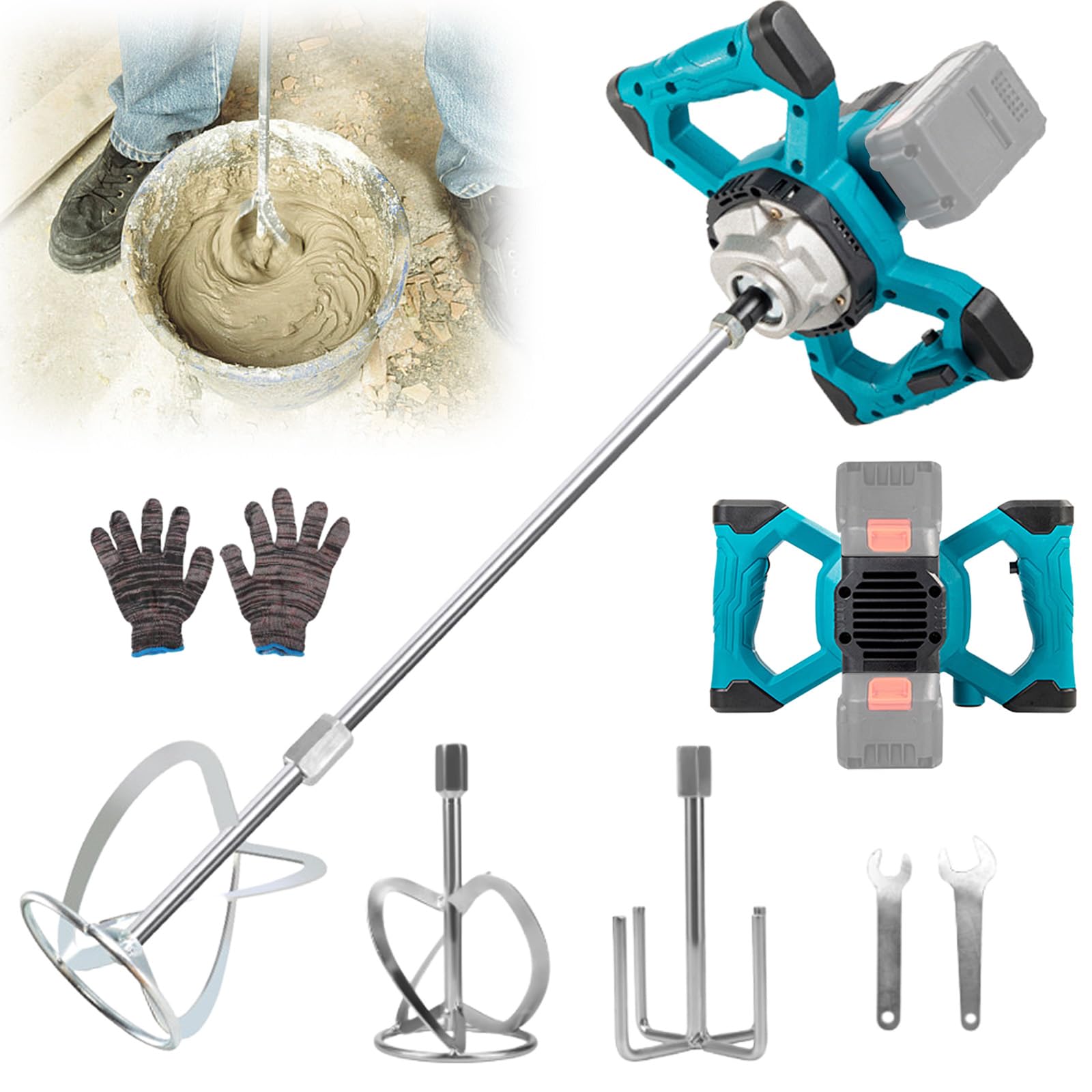 Electric Paddle Mixer for Makita Battery, 3200W Cordless Concrete Mixer, Portable Paint Mortar Mixer with 6 Speed Adjustable, Handheld Plaster Grout Thinset Paddle Mixer Stirring Tool (No Battery) ﻿