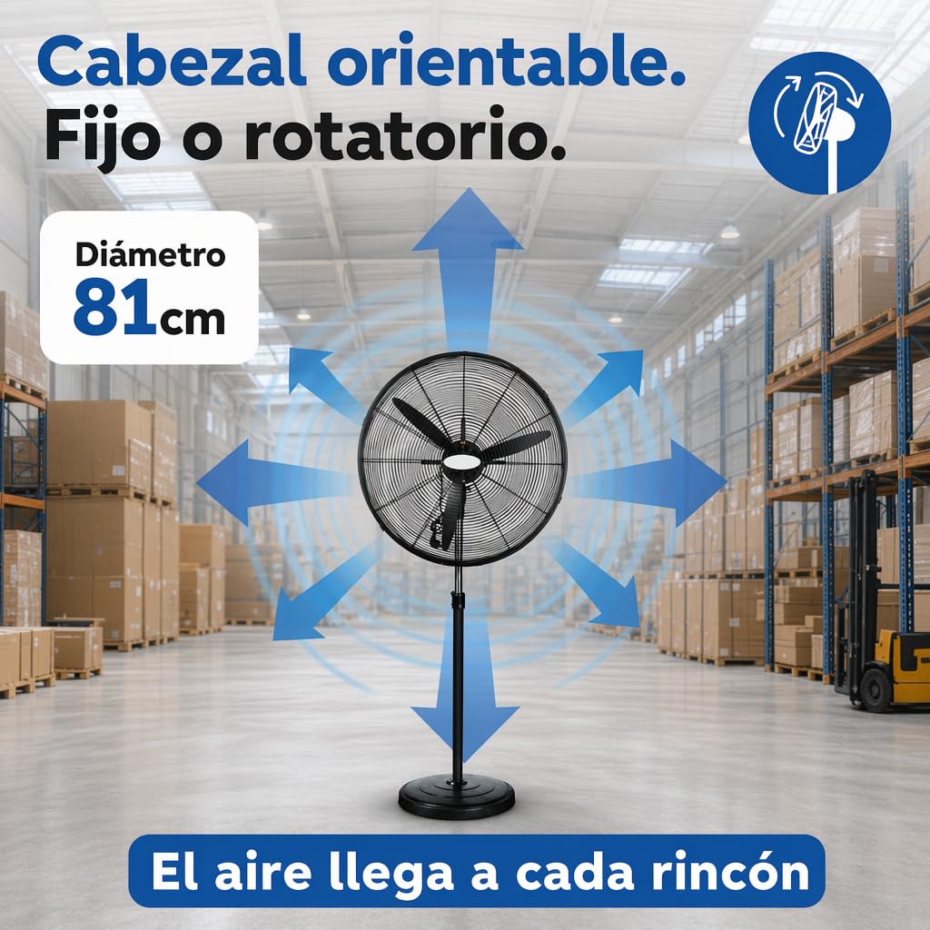 Ventilador Industrial de Pie Potente 280W | Oscilante y Orientable | 3 Velocidades | Diámetro 81cm | Altura Regulable hasta 185cm | Nave Taller Almacén Garaje