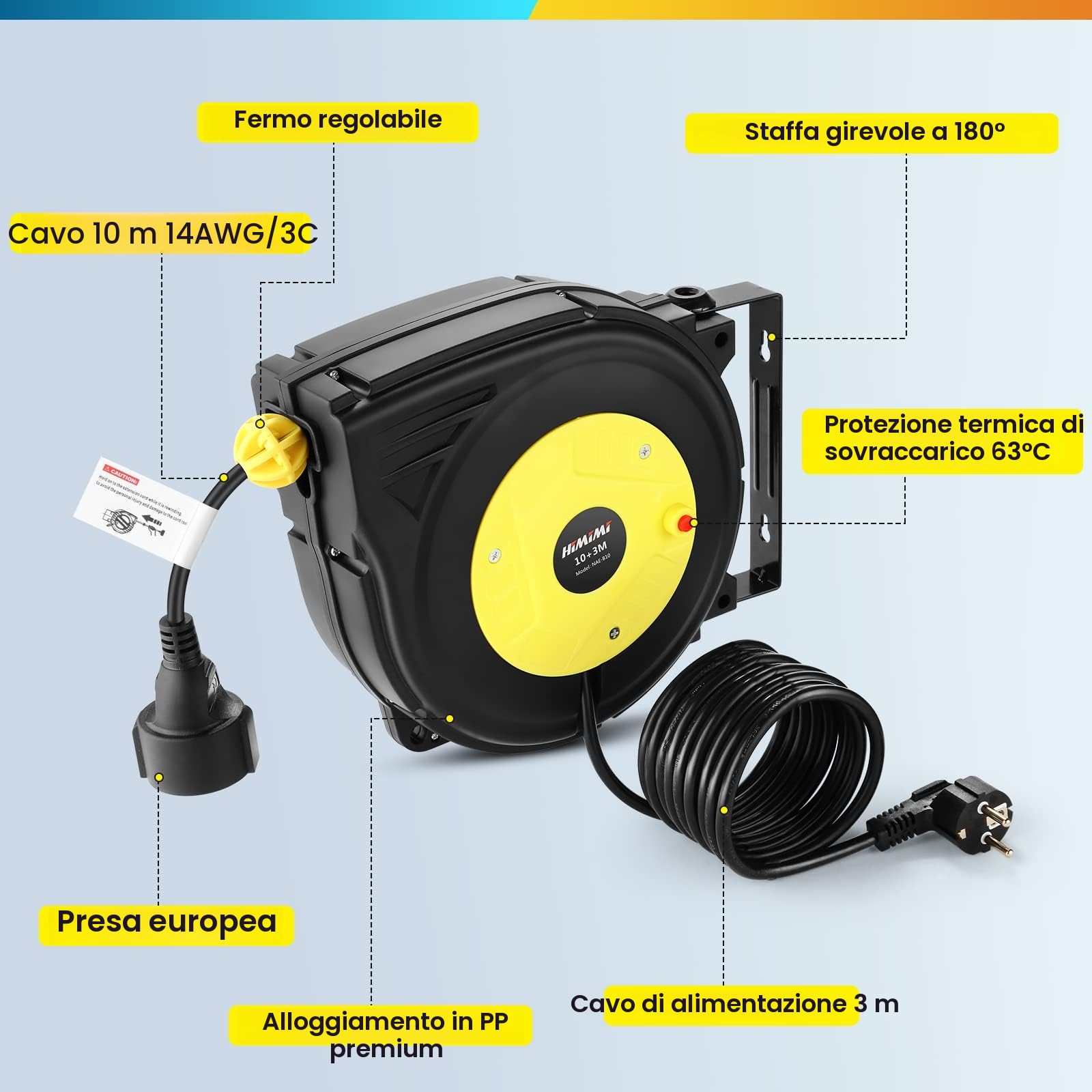 Himimi Avvolgitore automatico per cavi 13 m, 1250W ~ 2000W, 10m + 3 metri Bobina di avvolgimento cavi da Parete, Protezione da Sovraccarico, Montaggio a Parete e Soffitto, Girevole a 180°