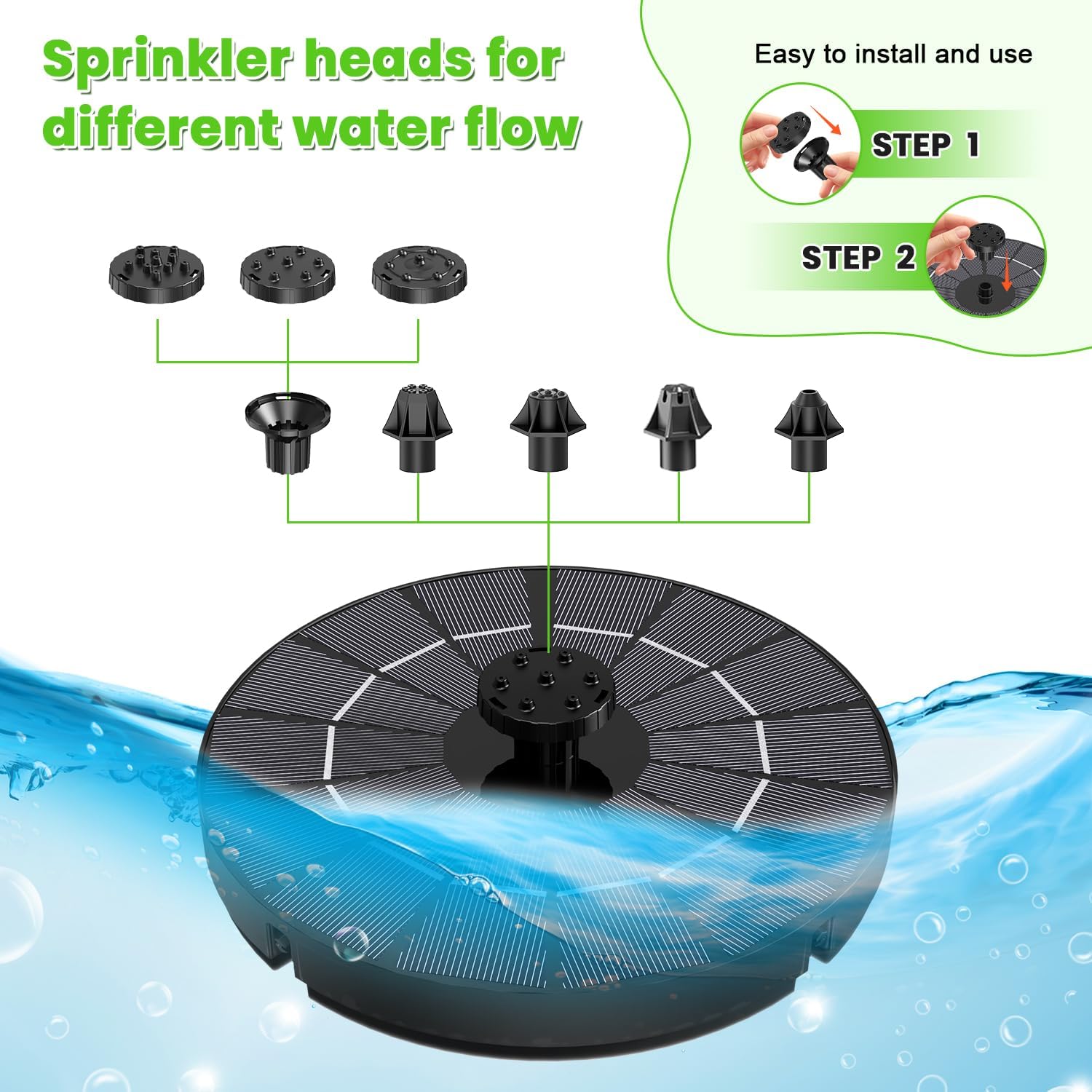 Diagram showing the solar fountain pump and various sprinkler heads, with a two-step installation guide.