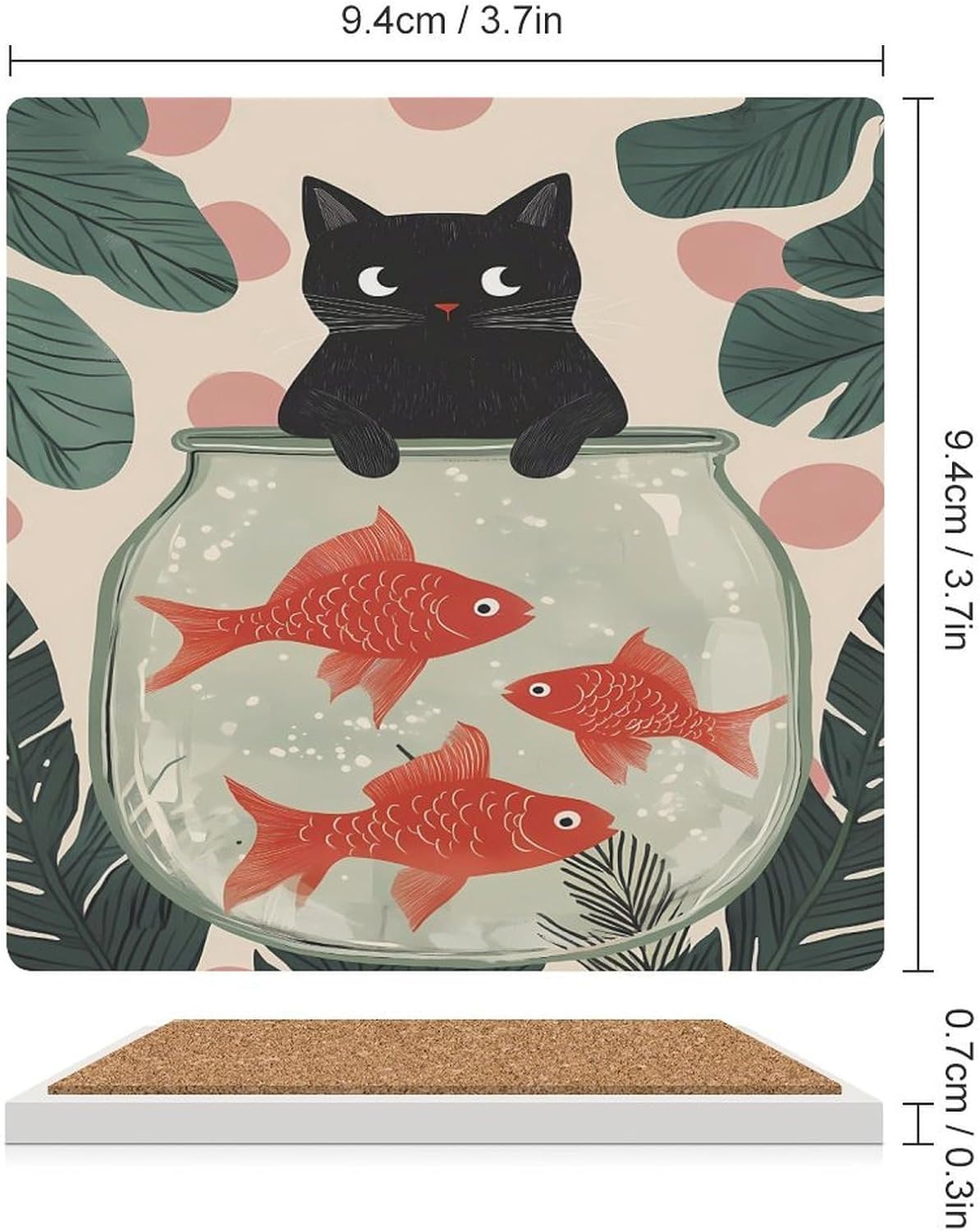Fish and Cat Ceramic Coasters Square Drinks Coaster Coffee Table Decor Table Coaster for Home Bar
