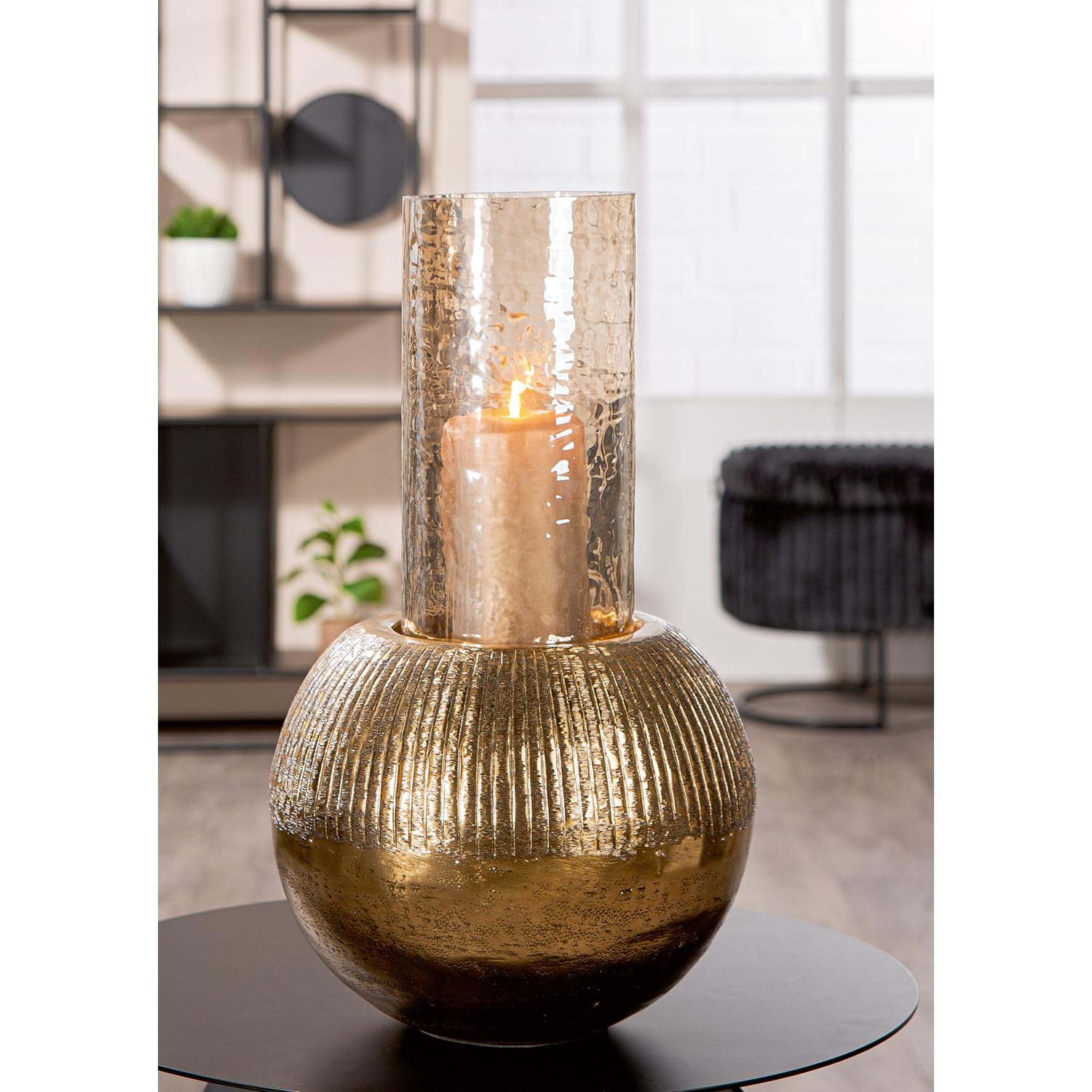 Casablanca świecznik Haley z aluminium - ryflowany - okrągły - cylindryczny - złoty - wysokość 46 cm x Ø 26 cm