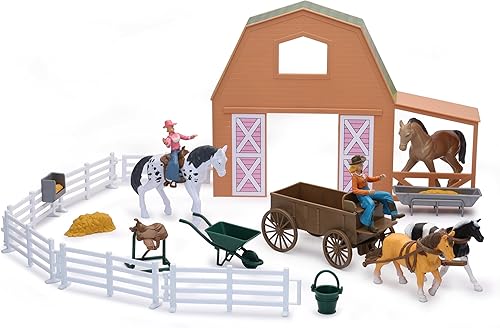 Nuevo Ray Valley Ranch Brown Barn & Horse Set Toys – Juego de granja perfecto para niños a partir de 3 años – Regalo ideal para juegos imaginativos