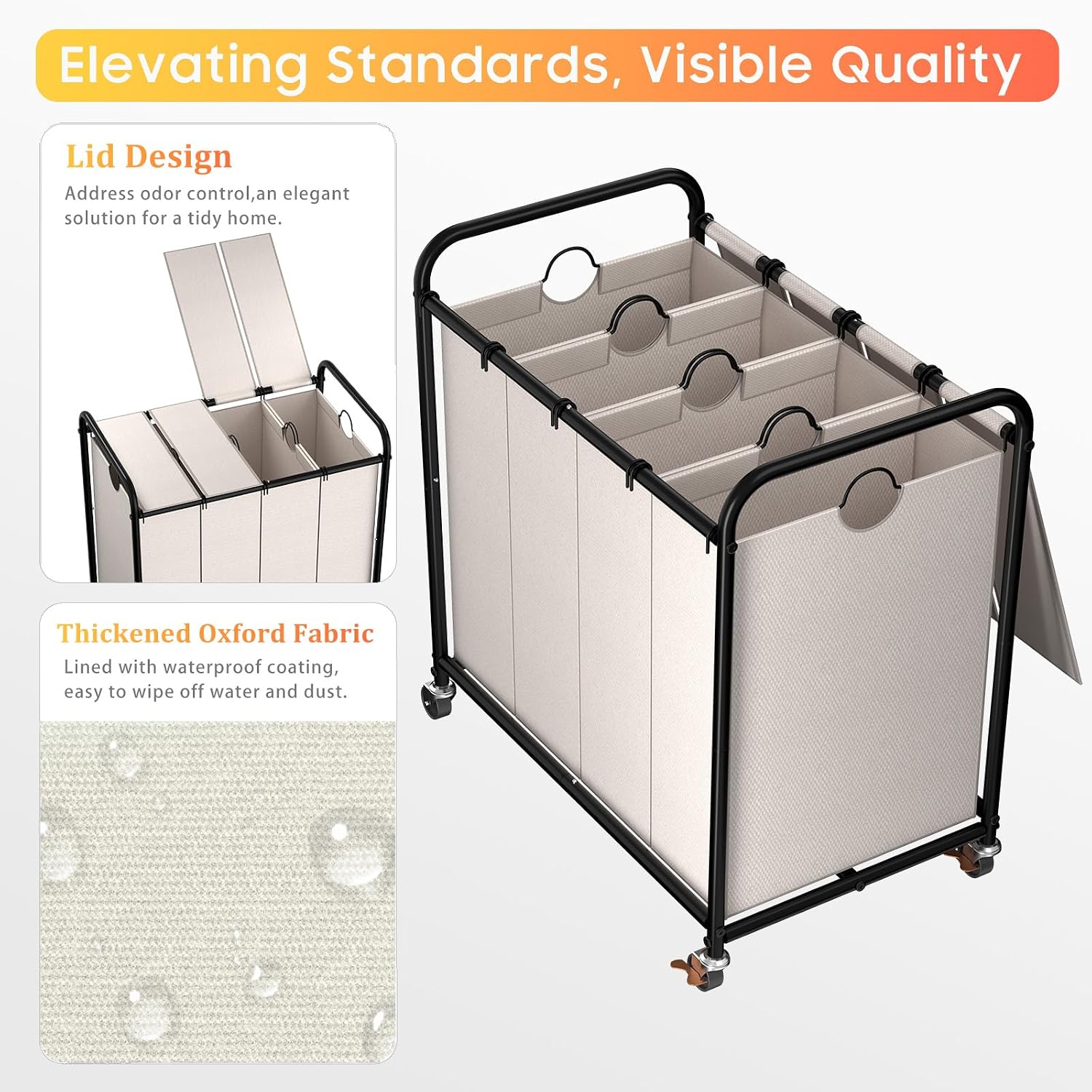 Laundry Sorter 4 Sections 48 Gal, Rolling Laundry Basket with Wheels ＆ Lid image 3