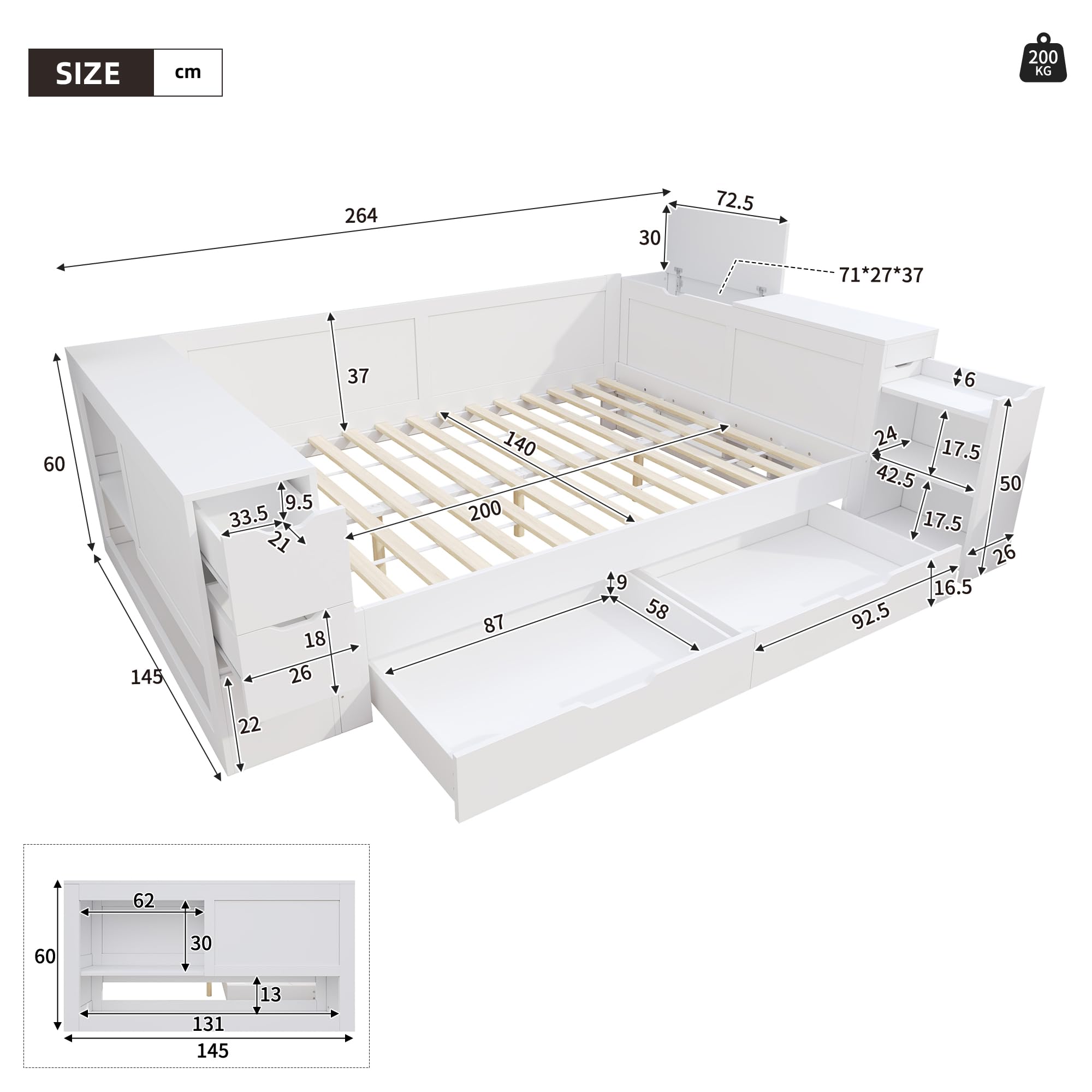Kinderbett 140x200 cm, Doppelbett mit Regalen und Stauschrank, Stauraumbett mit Schubladen, Bettkasten mit Nachttischen, für Erwachsene und Jugendliche, Weiß, ohne Matratze