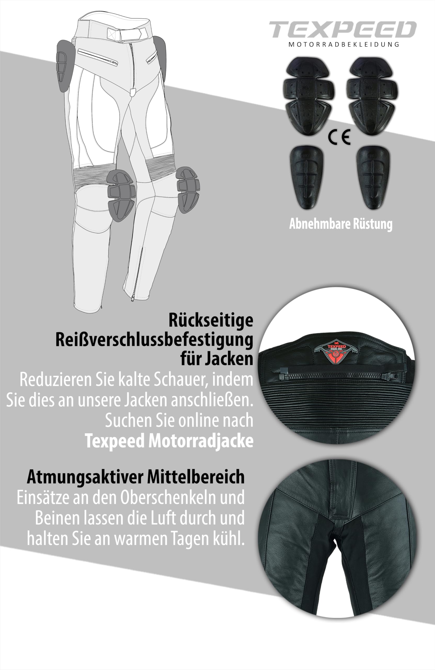 Texpeed motorradhose leder wasserdicht herren mit protektoren - Schwarz Vollnarbiges Lederhose echtleder mit rüstung (EN 1621-1) Biker gepanzerte - 4XL Taille/Regülar Bein