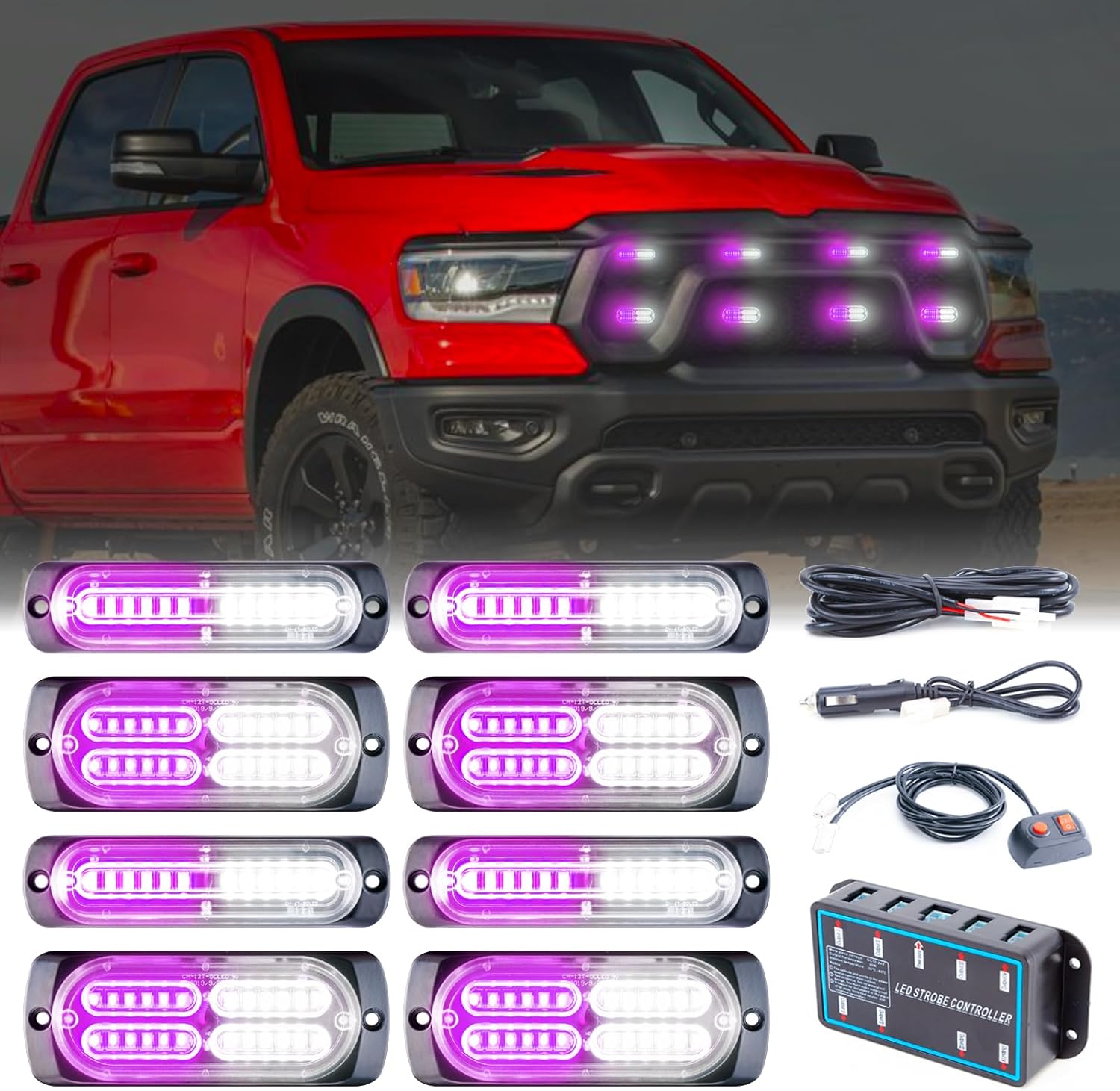 8pcs Sync Feature Emergency Strobe Grille Lights LED Ultra Slim Surface Mount Flashing Hazard Warning Light Bar with Controller for Firefighter/Construction/Trucks/Vehicles/Car(Purple/White)