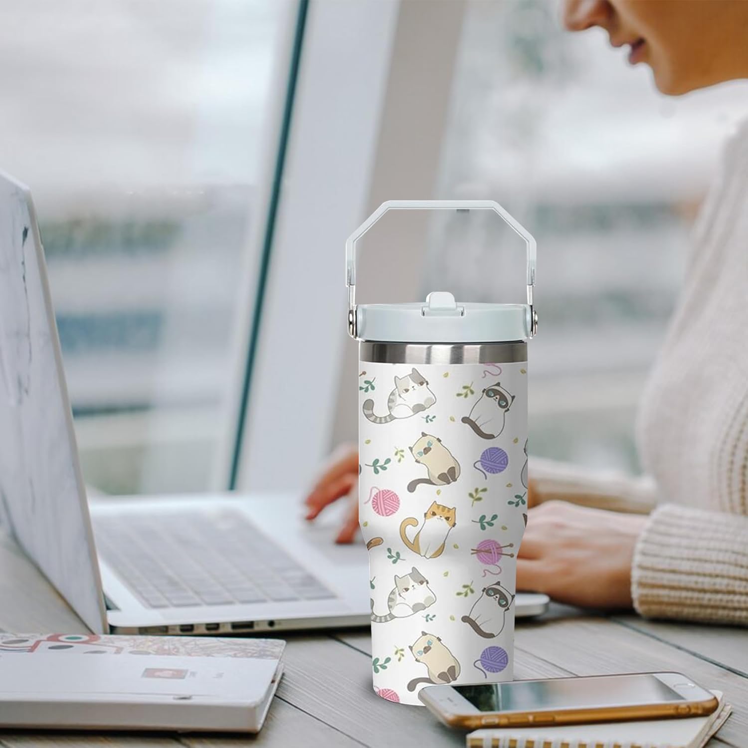 30 oz Cute Cat Tumbler with Handle and Flip Straw, Stainless Steel Insulated Cup with Lid and Straw,Travel Coffee Mug Water Bottle,Christmas Birthday Mothers Day Gifts for Women Animal Lovers - Image 6