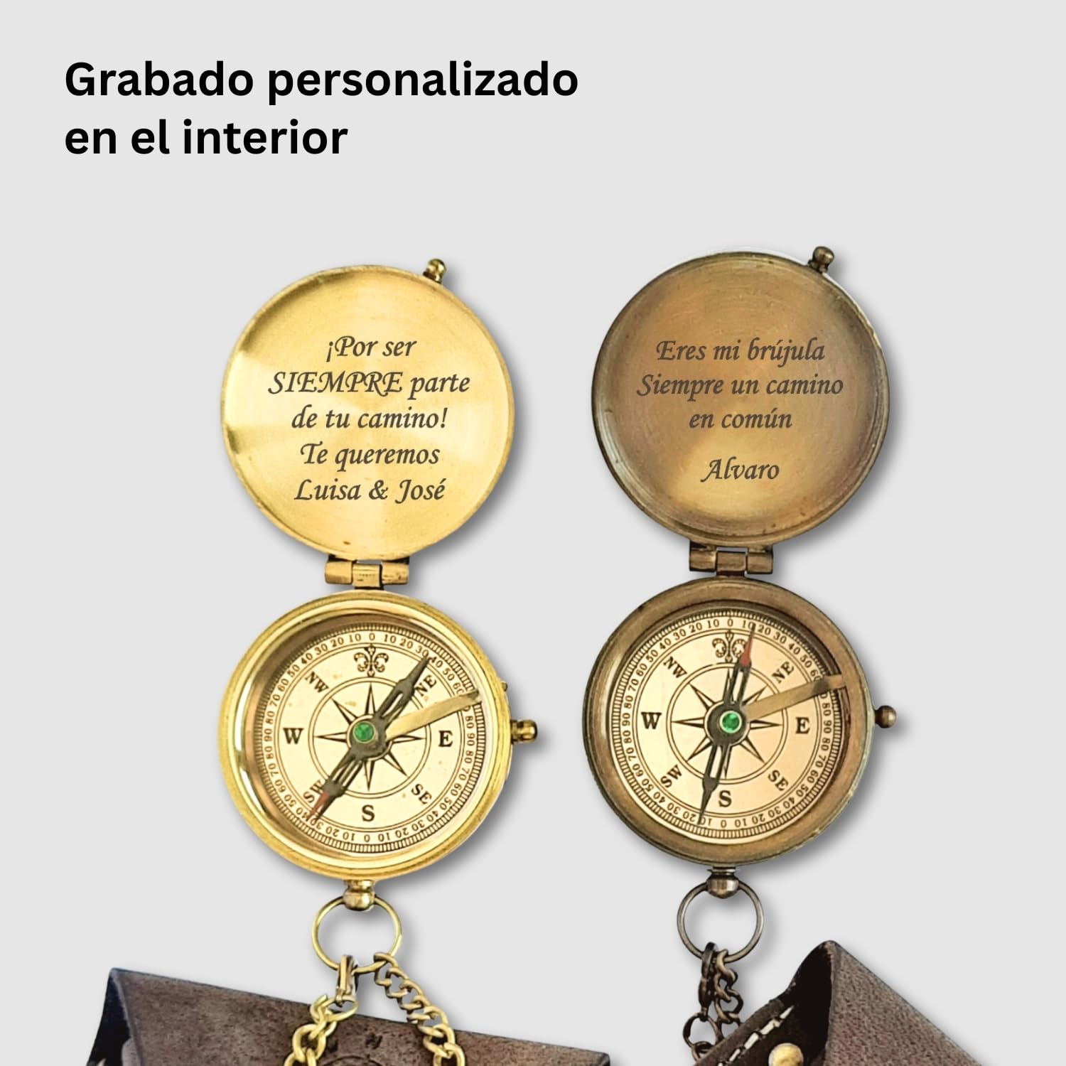 Brújula personalizada con grabado personalizable y texto personalizado, varios diseños, piel de latón, caja de regalo, gran idea de regalo