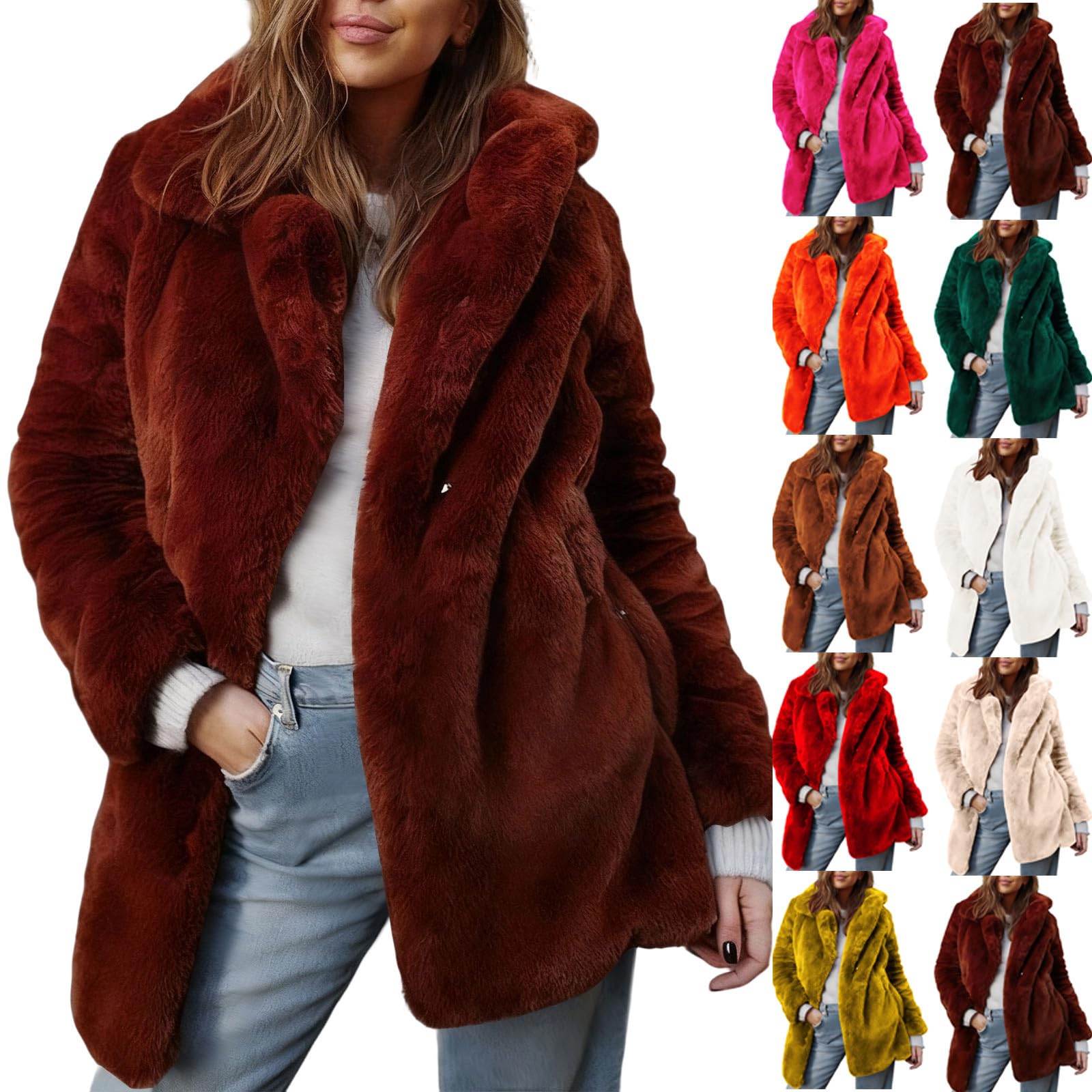 Manteau en fausse fourrure pour femme - Veste polaire pelucheuse d'hiver chaude à revers - Cardigan habillé ouvert sur le devant - Coupe-vent - Manteau d'extérieur en peluche épaisse - Trench
