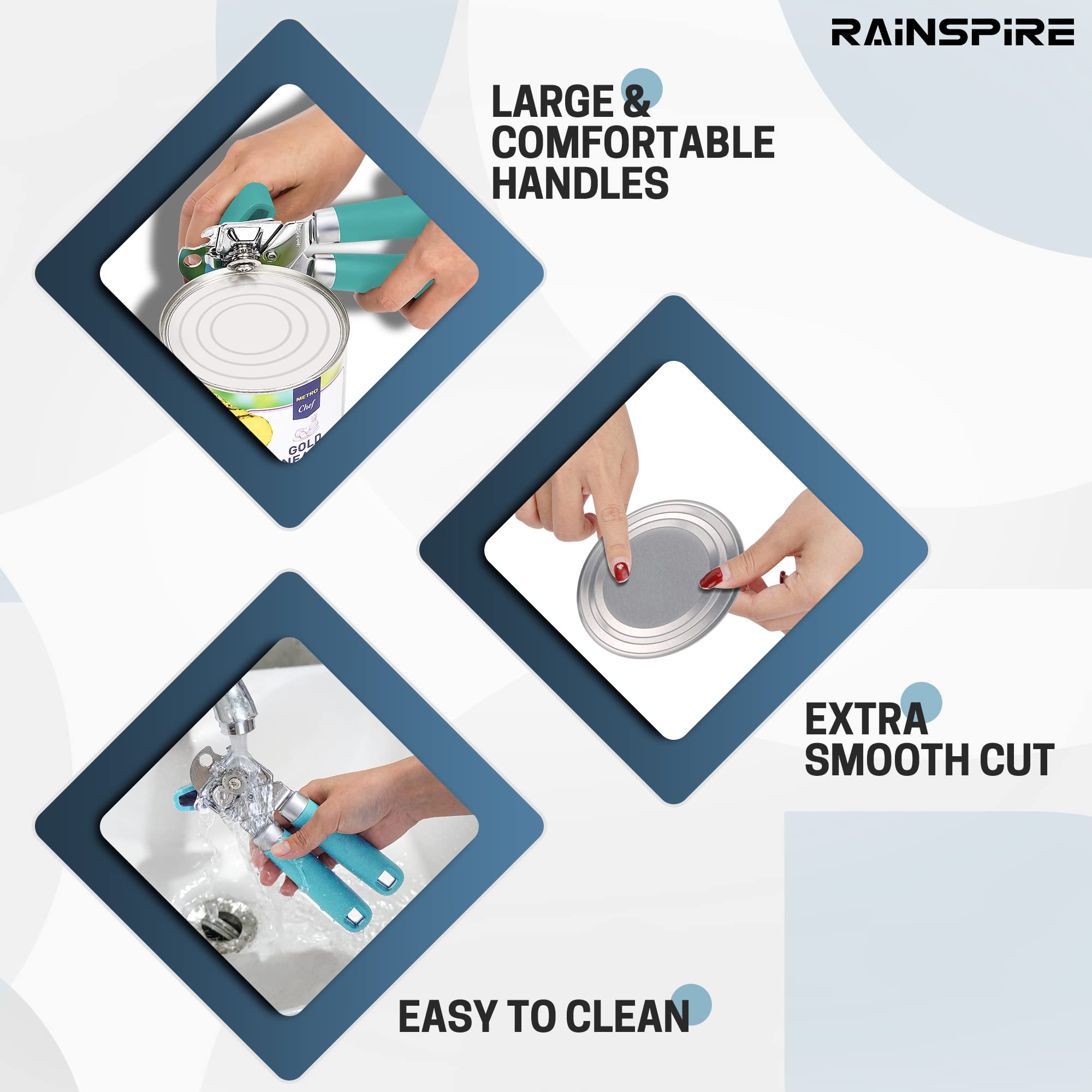 Rainspire Abrelatas manual de mano fuerte abrelatas manual de corte de borde suave, abrelatas resistente, mango suave cómodo, abridor de botellas integrado, turquesa