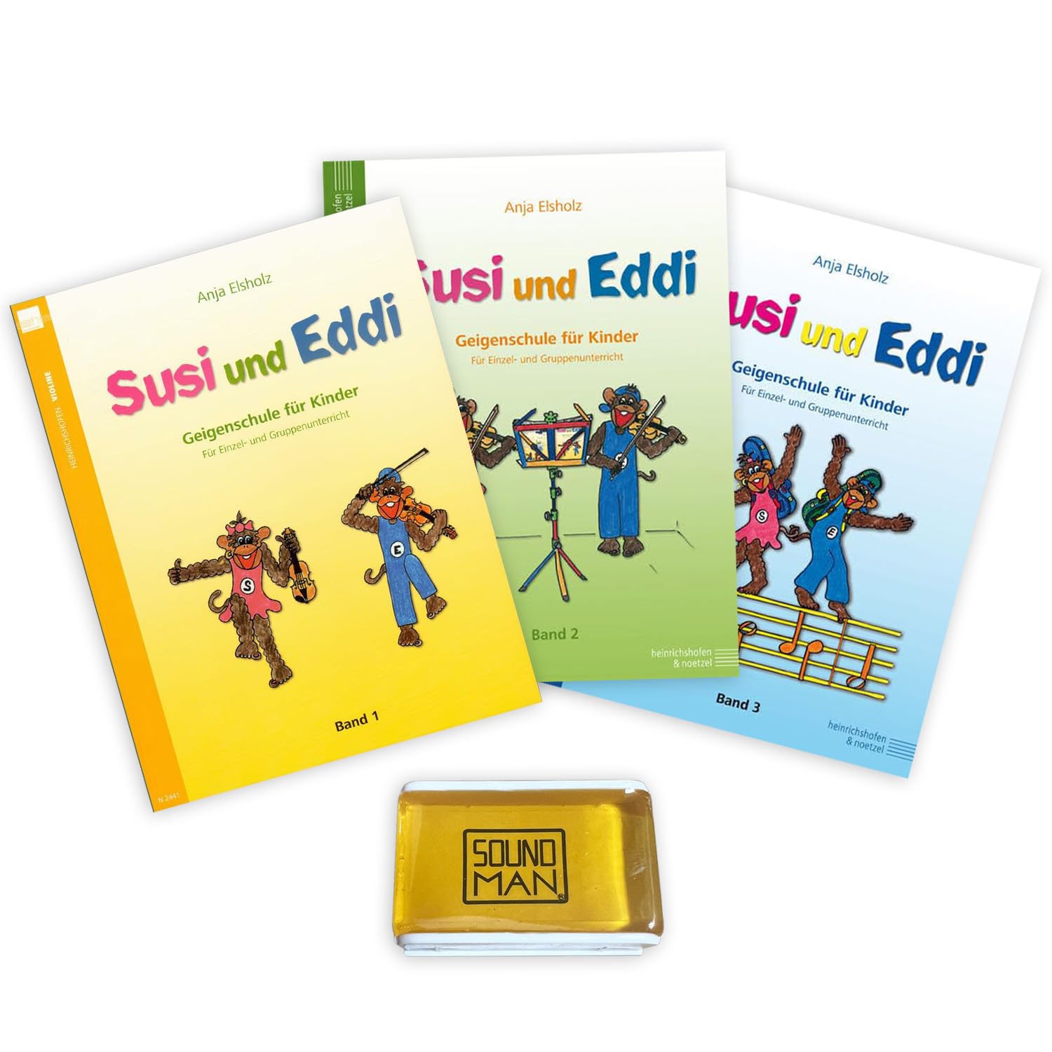 Susi y Eddi: Bd. 1 y Bd.2 + vol. 3 – Escuela de violines para niños – Anja Elsholzer + colofonia Soundman® para violín (set de iniciación)