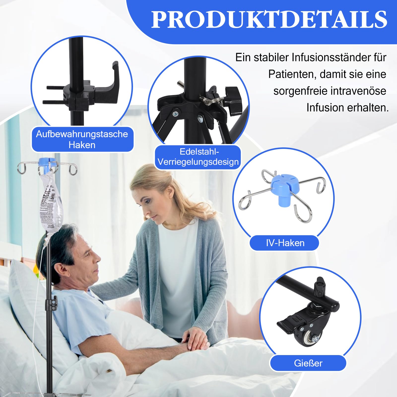 Supporto per infusione con ruote e ganci, pieghevole, regolabile in altezza, con 4 ganci e 3 ruote, supporto portatile per infusione per ospedale, assistenza domiciliare e in viaggio (con ganci)