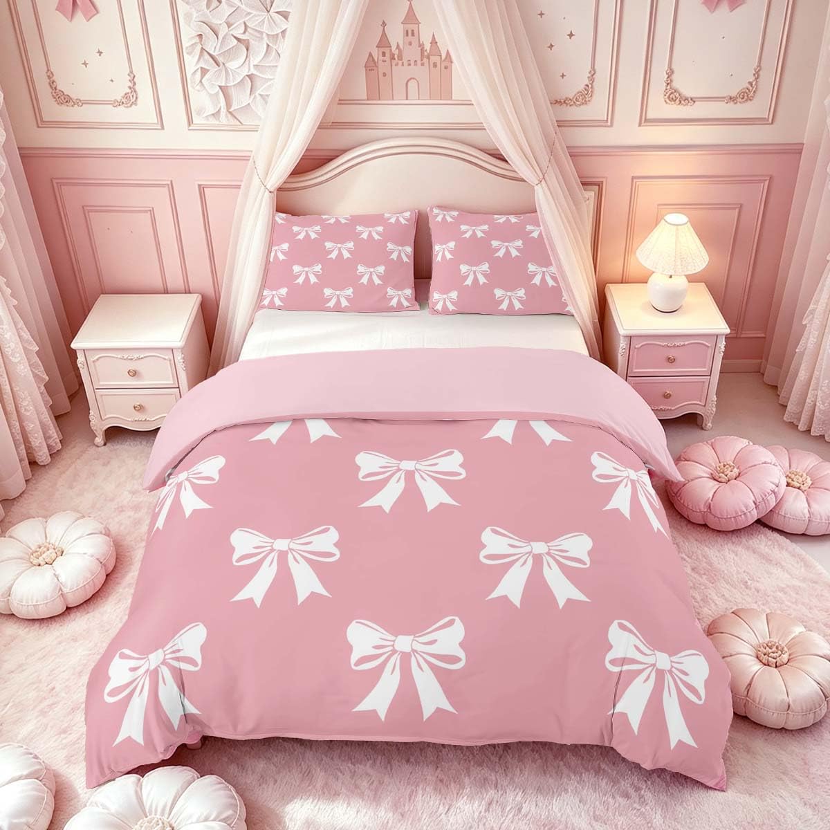 Homemissing White Bowknot Duvet Cover Set Double Size For Kids Girls Teens Bedroom Cute Bow Pink Bedding Set Bow Ribbon Comforter Cover with 2 Pillowcases — image 1