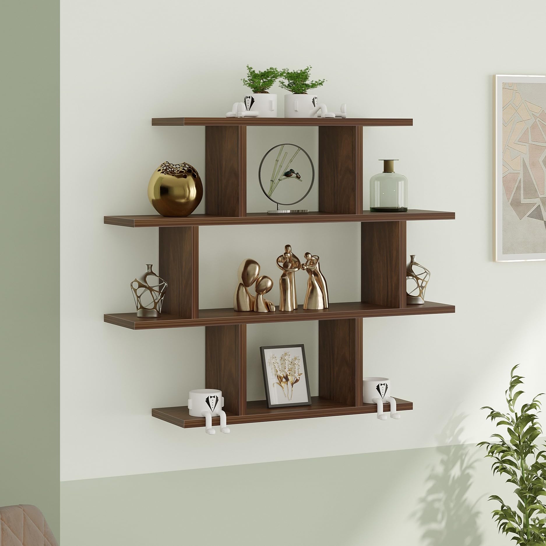 BLUEWUD Senara-4 Layer Wall Mount Design Engineering Wood Bookshelf Filing Cabinet Books Rack Organizer for Décor Display for Library Living Room Study Room (Color - Brown Maple)-image-26