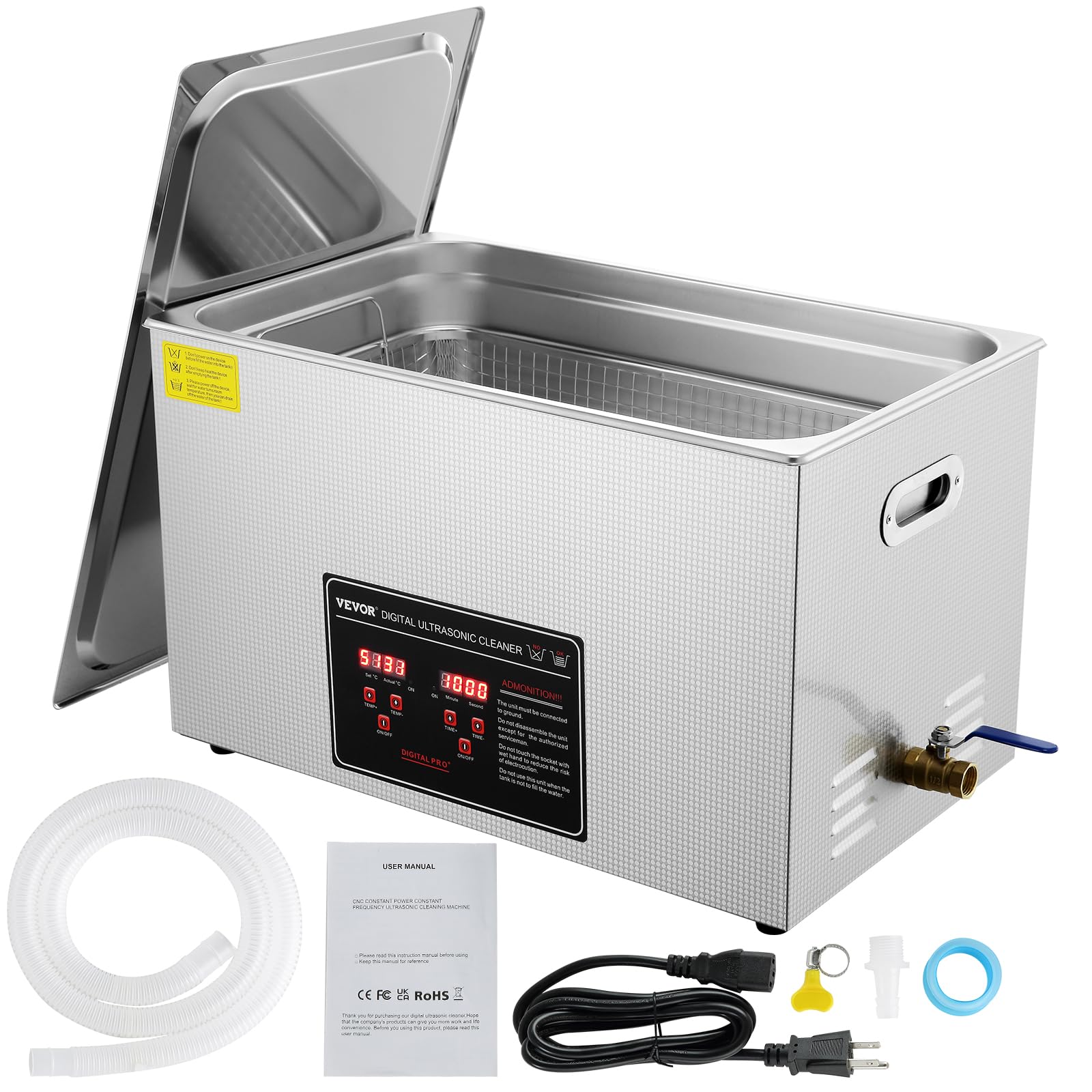 VEVOR Nettoyeur à Ultrasons 30L en Acier Inoxydable Bac Ultrasons Numérique avec Chauffage Temps et Température Réglables Appareil de Nettoyage Ultrasonique pour Bijoux Lunettes Montres Labo Clinique