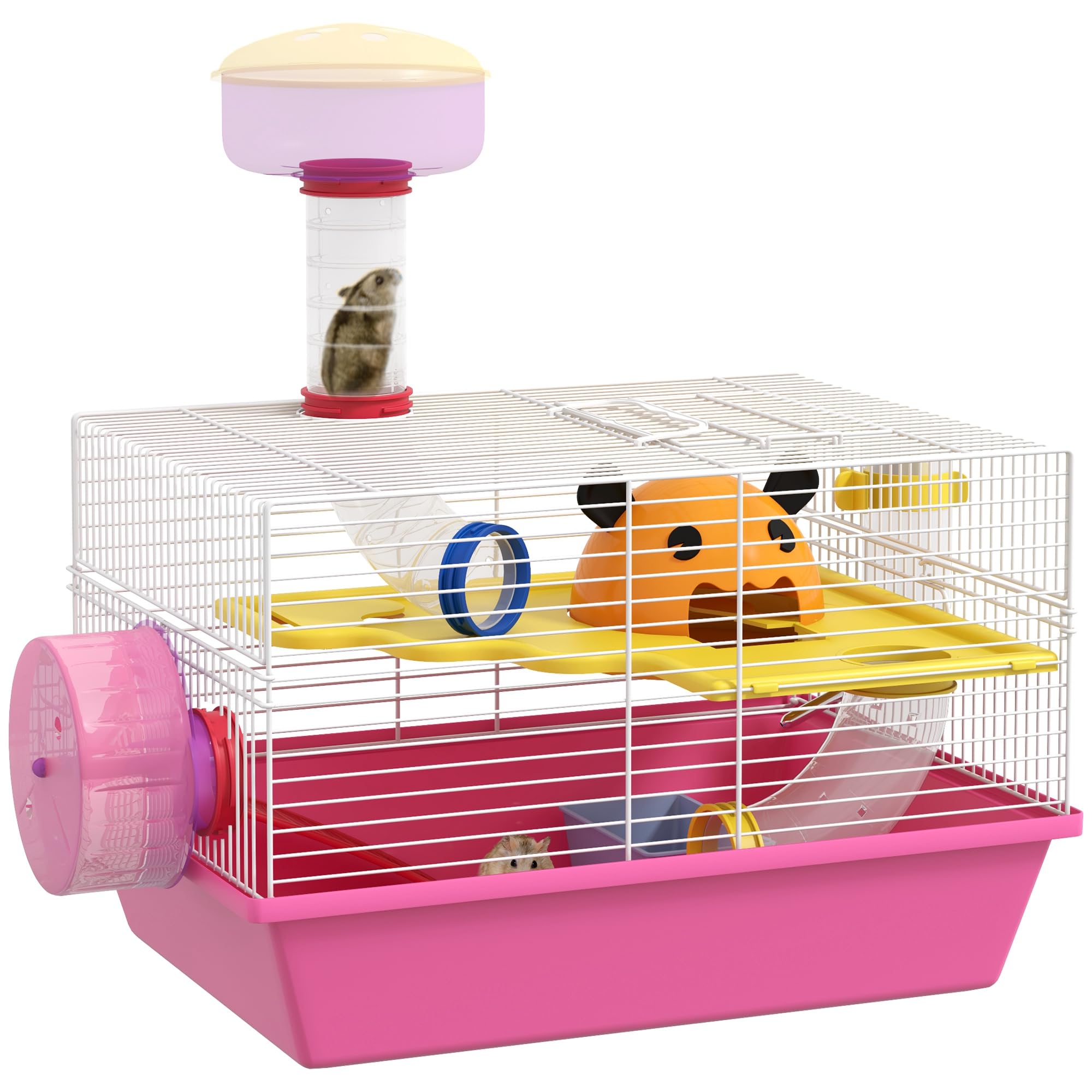 PawHut Cage à Hamster Rat Rongeur avec Plateforme, biberon Eau, Roue, maisonnette, 34 x 27 x 25 cm, Rose