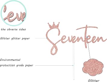 Rose Gold Glitter Seventeen Cake Topper, Boy Girl 17th Birthday Decorations, 17 Cake Topper, Cheers to 17 Years Cake Decor, Happy 17th Birthday Anniversary Party Decorations Supplies