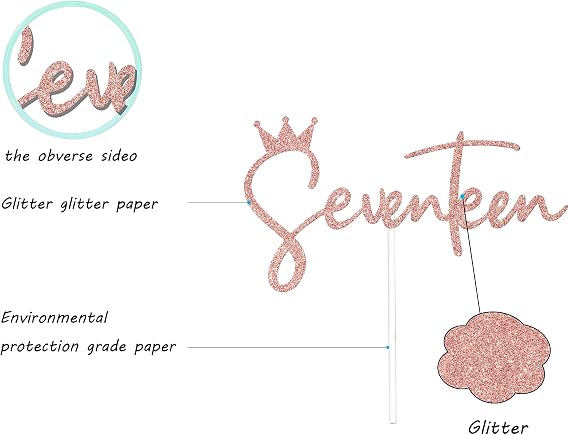 Rose Gold Glitter Seventeen Cake Topper, Boy Girl 17th Birthday Decorations, 17 Cake Topper, Cheers to 17 Years Cake Decor, Happy 17th Birthday Anniversary Party Decorations Supplies