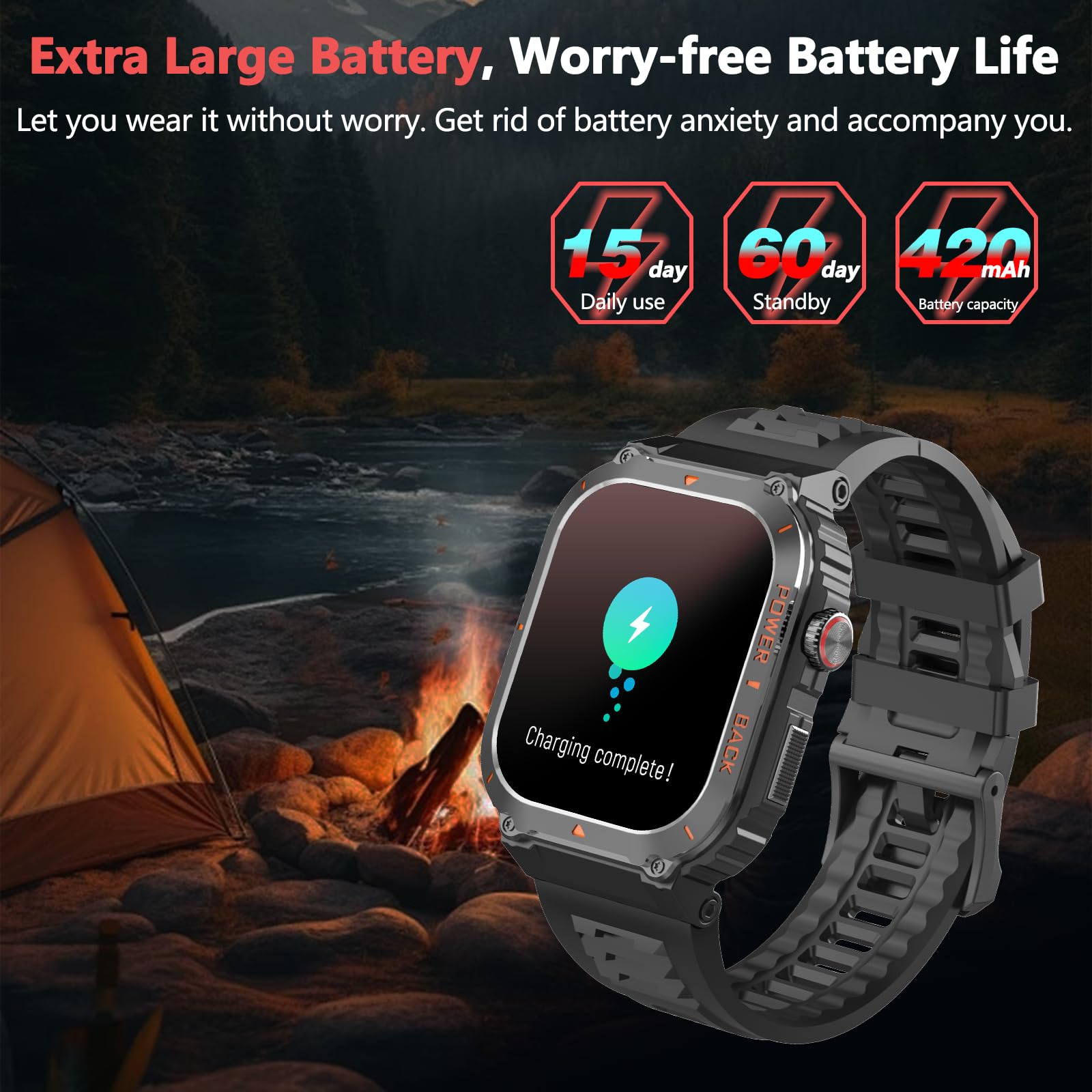 Militär-Smartwatch mit GPS (Annehmen/Tätigen von Anrufen), wasserdichte Fitness-Tracker-Smartwatches mit Gesundheitsmonitor, Kompass/Höhe/Luftdruck, über 100 Sportmodi, für Android/iPhone (mit GPS,