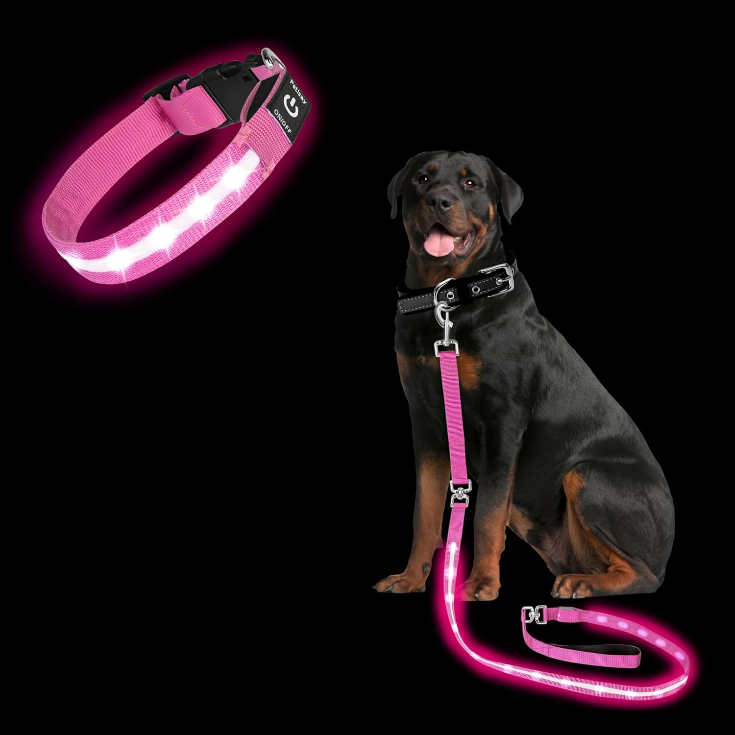PetIsay Light up Dog Collar(Pink, L) & Light up Dog Leash(Pink, 6Ft) - PetIsay Light up Dog Collar - High Visibility & Durable Nylon Material - USB C Rechargeable & Waterproof