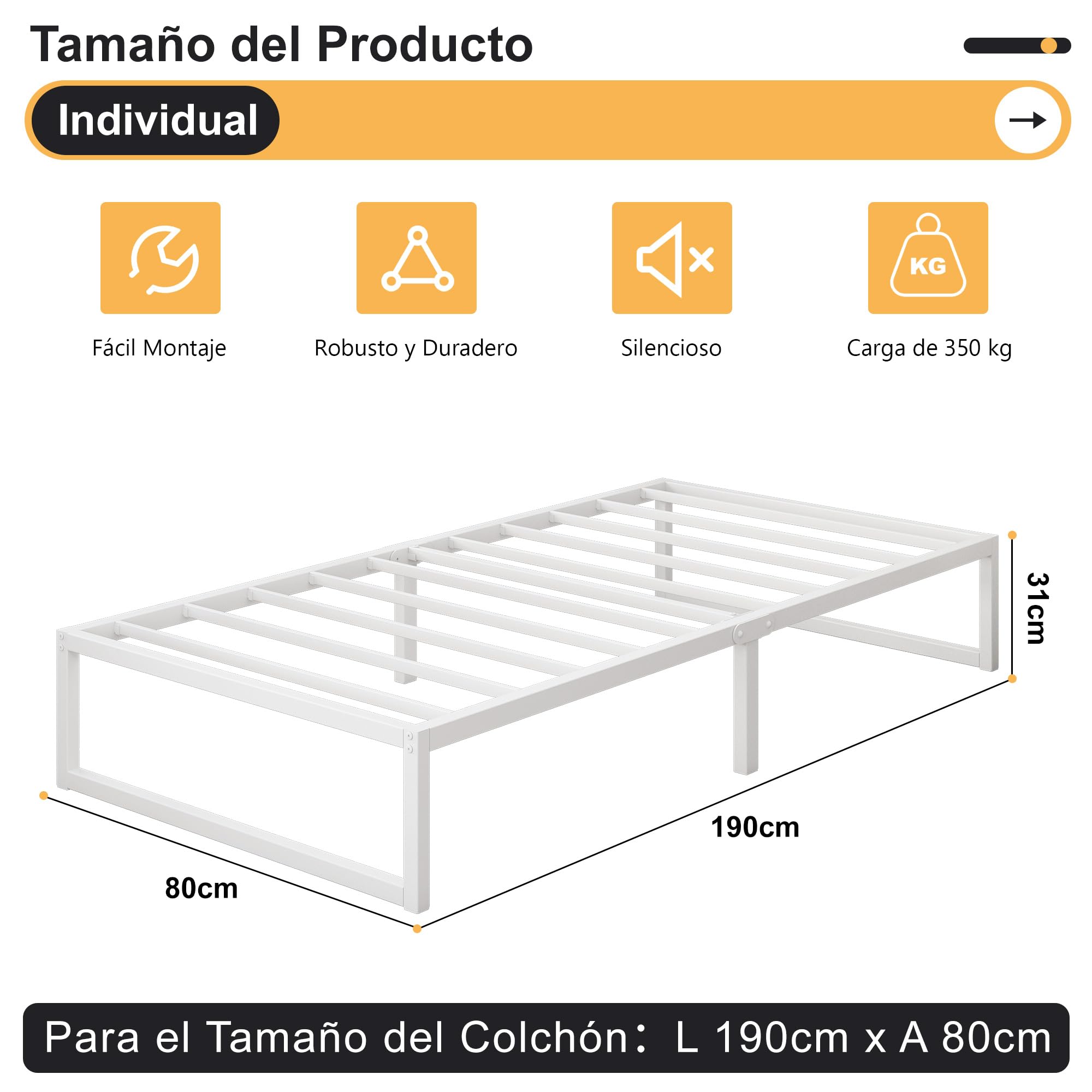 Cama Individual de Metal 80x190 cm, Estructura con Soporte de Listones de Acero, 30 cm de Altura, Blanco
