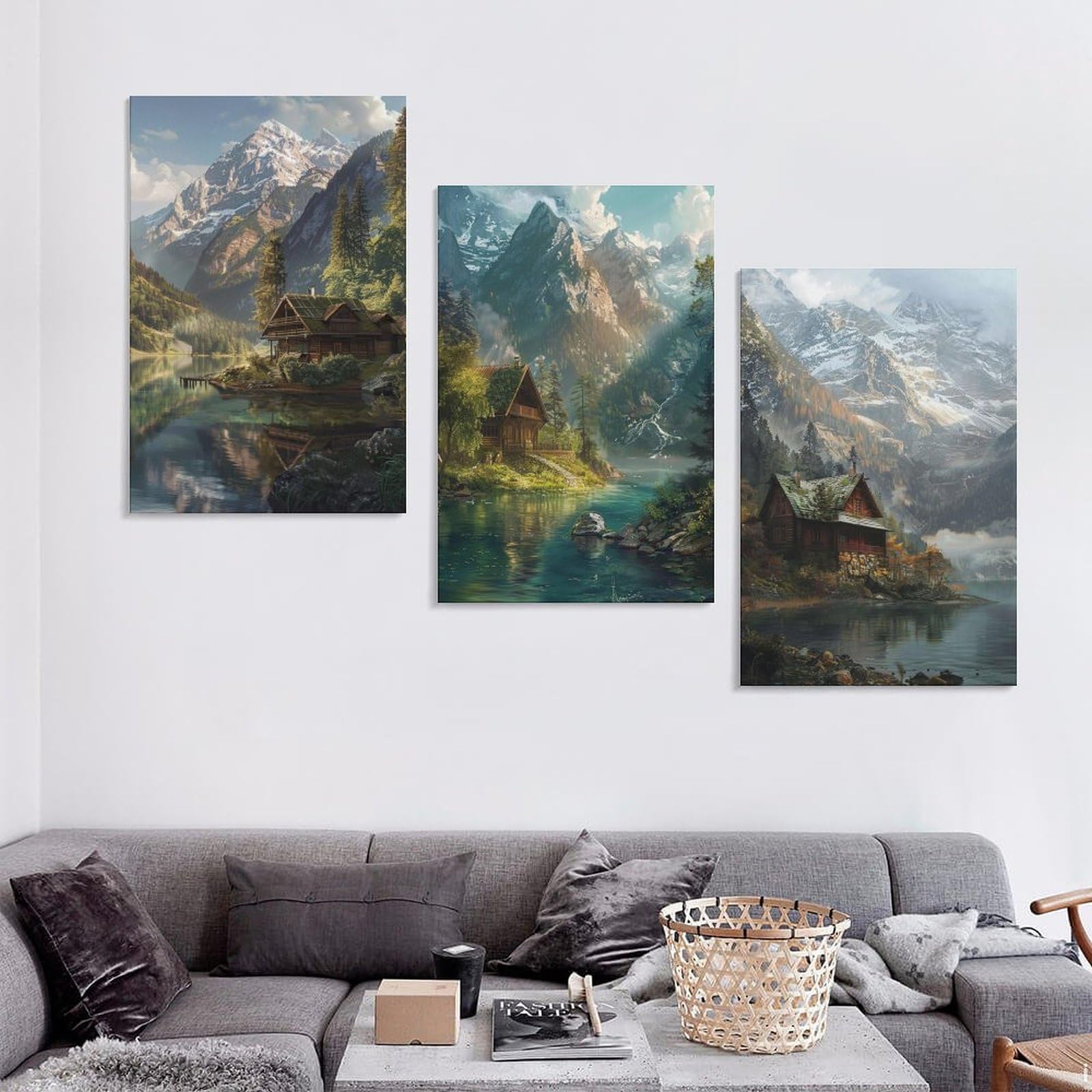 Amazon.co.jp: 3枚 山に面し、川に面した家 絵画 インテリア ポスター