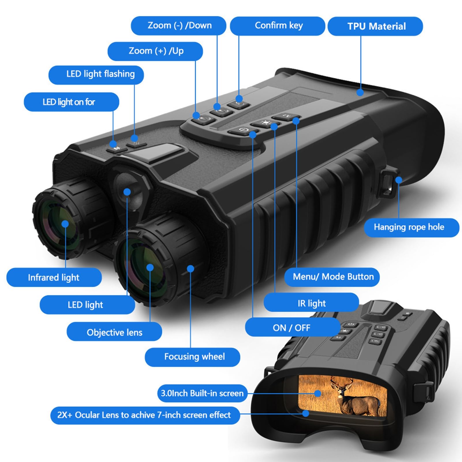 Jumelles de vision nocturne 500 m zoom optique 4x numérique 8x rechargeable 5200 mAh observation oiseaux camping chasse