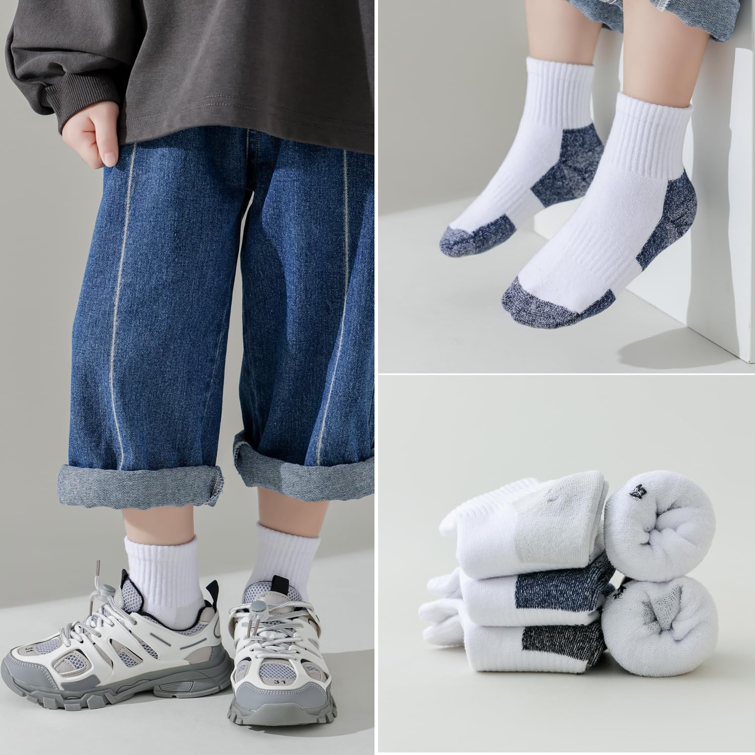 EPEIUS Kids Boys/Girls' Cushioned Socks Thick Cotton Quarter Athletic Socks Sports Running Ankle Socks 6 Pack 4-14 Years - Image 6