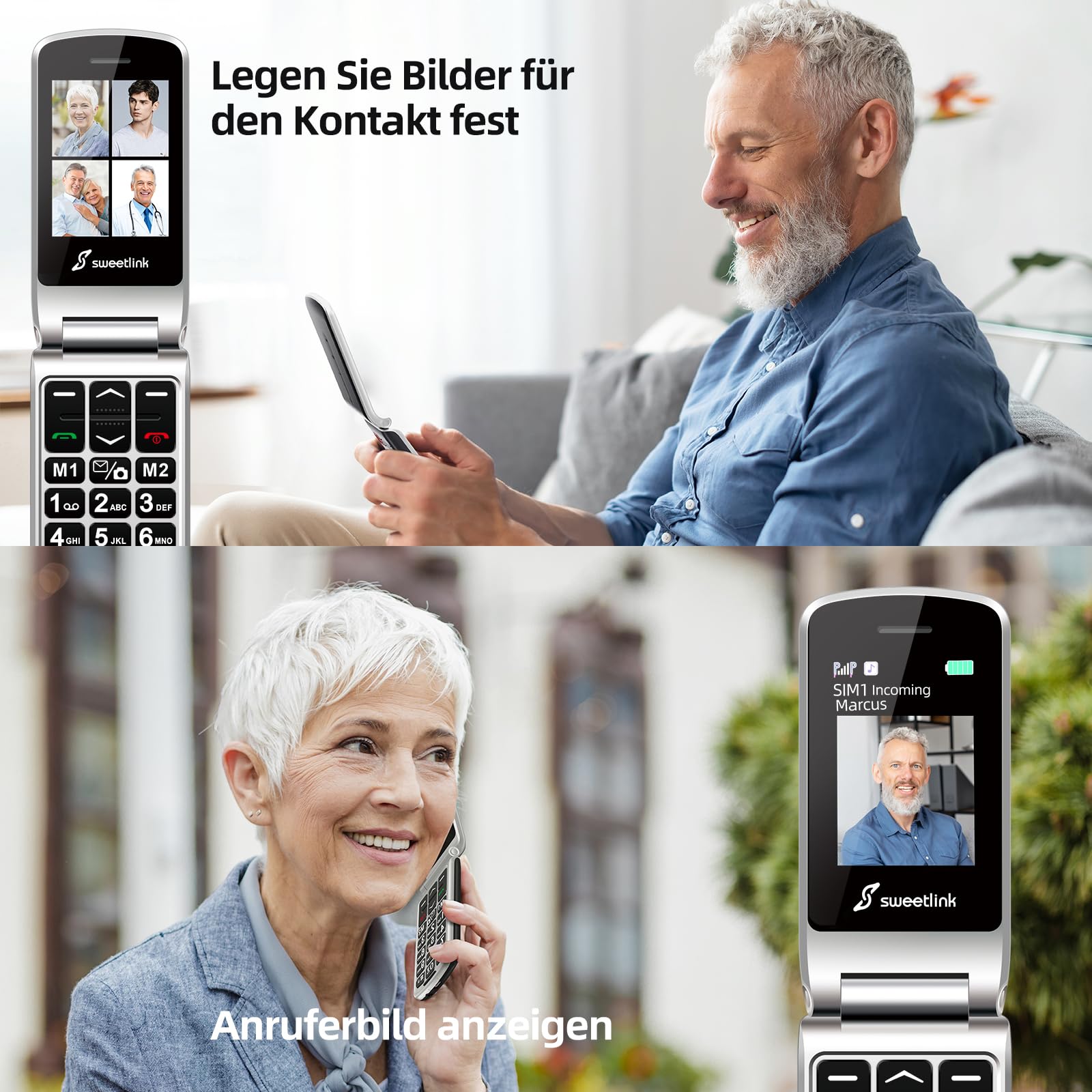 SweetLink F1PLUS Seniorenhandy Klapphandy Ohne Vertrag, Großtastenhandy mit Ladestation, GSM Flip Mobiltelefon SOS Notruffunktion, 1000mAh Akku, Taschenlampe, FM-Radio, 2,4 Zoll Farbdisplay, Schwarz