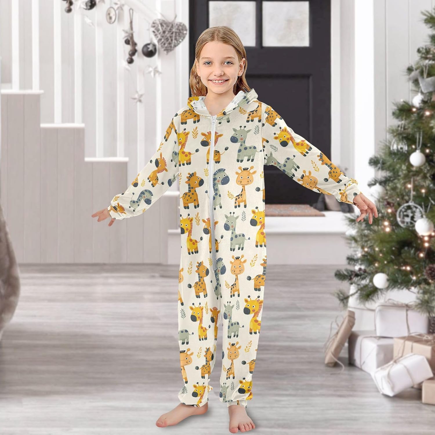 Onesie Pajamas Soft Warm Hooded One-Piecing Loungewear Sleepwear for Parties Sleepovers 4-14Y