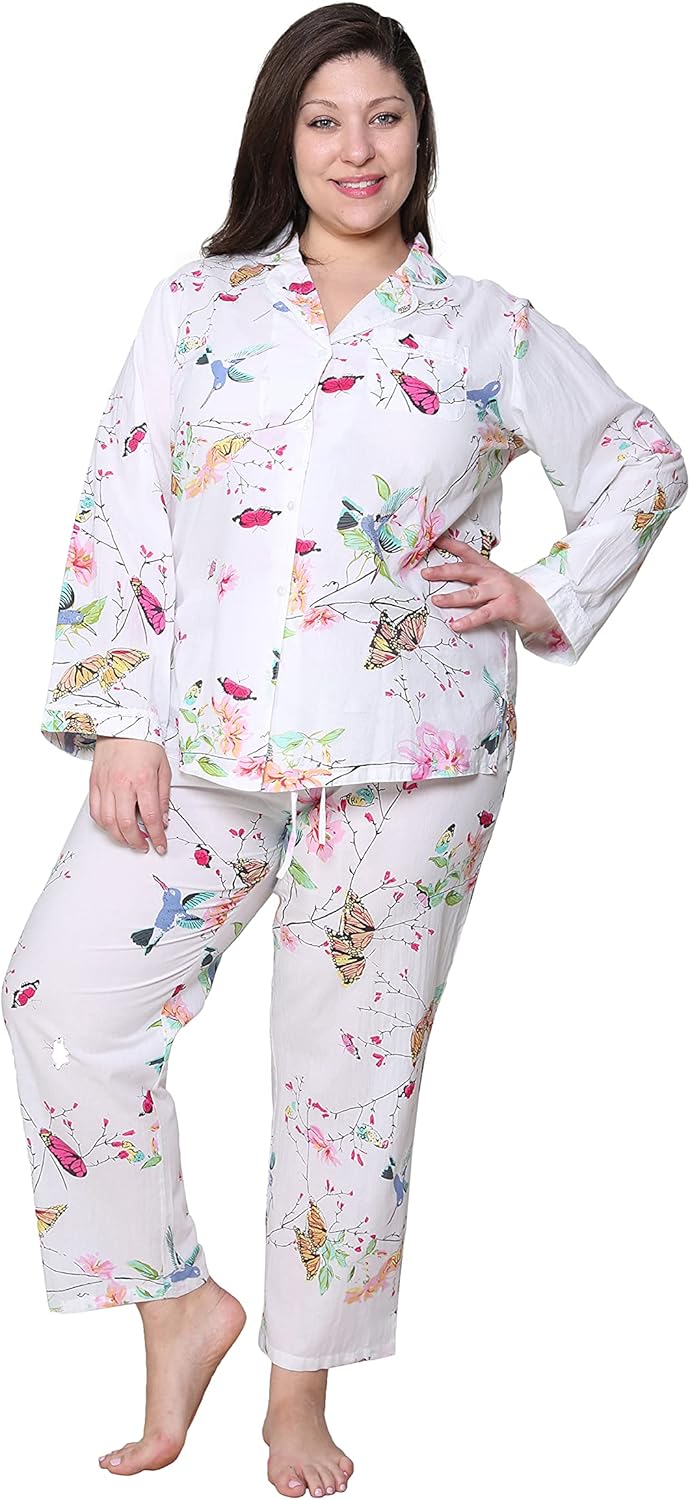 LA CERA Women's Long Sleeve 100% Cotton Pajama Set, 3/4 Sleeve, Notched V-Neckline, Elastic Waistband