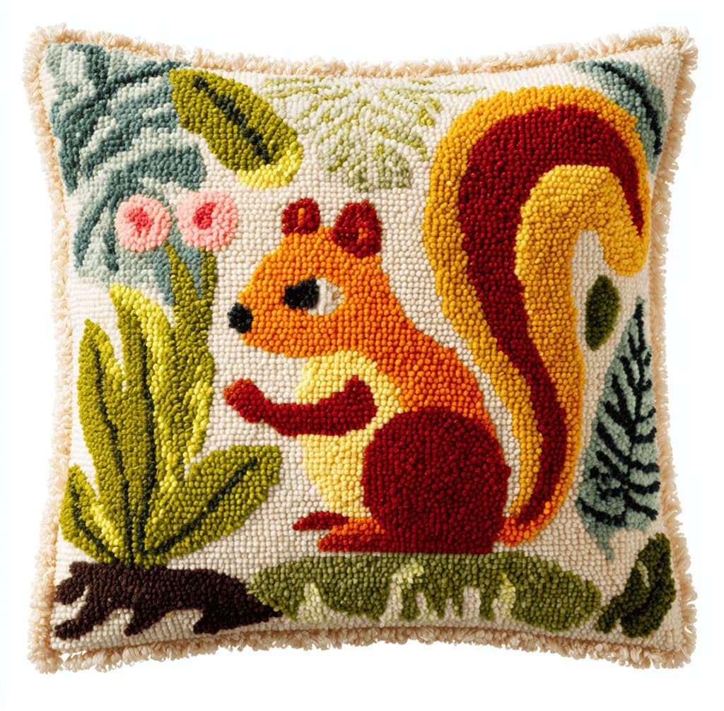 Latch Hook Cushion Kit,Jungle Squirrel DIY Throw Pillow Cover 43X43Cm