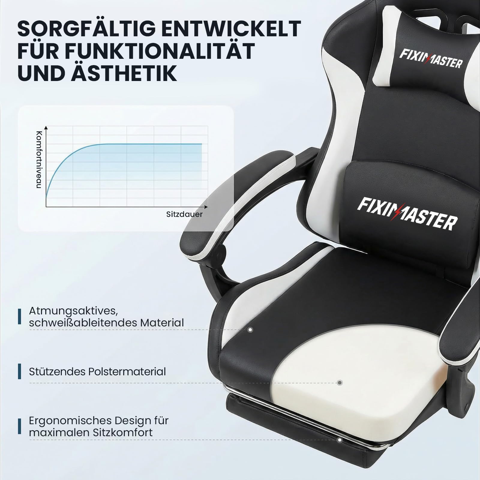 Bürostuhl Ergonomisch mit Fußstütze, Schreibtischstuhl, Racing-Design, Lenden- und Kopfstütze, PU-Kunstleder, Gaming Stuhl, Büro Stuhl, Computerstuhl, Neigbar bis 135°, Schwarz, 150KG