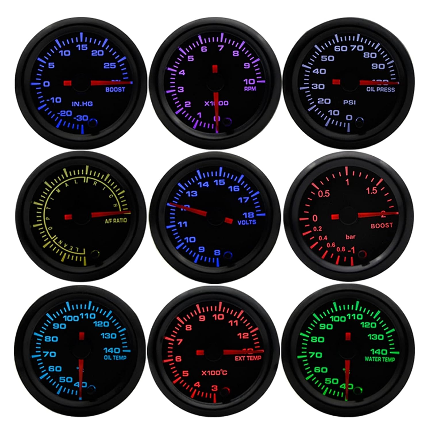 2" 52mm 7 Colors LED Display Boost/Water/Oil Temp/Oil Pressure/Volt/Air Fuel Ratio/EGT/Tachometer Car Gauge +Pods(Boost PSI)